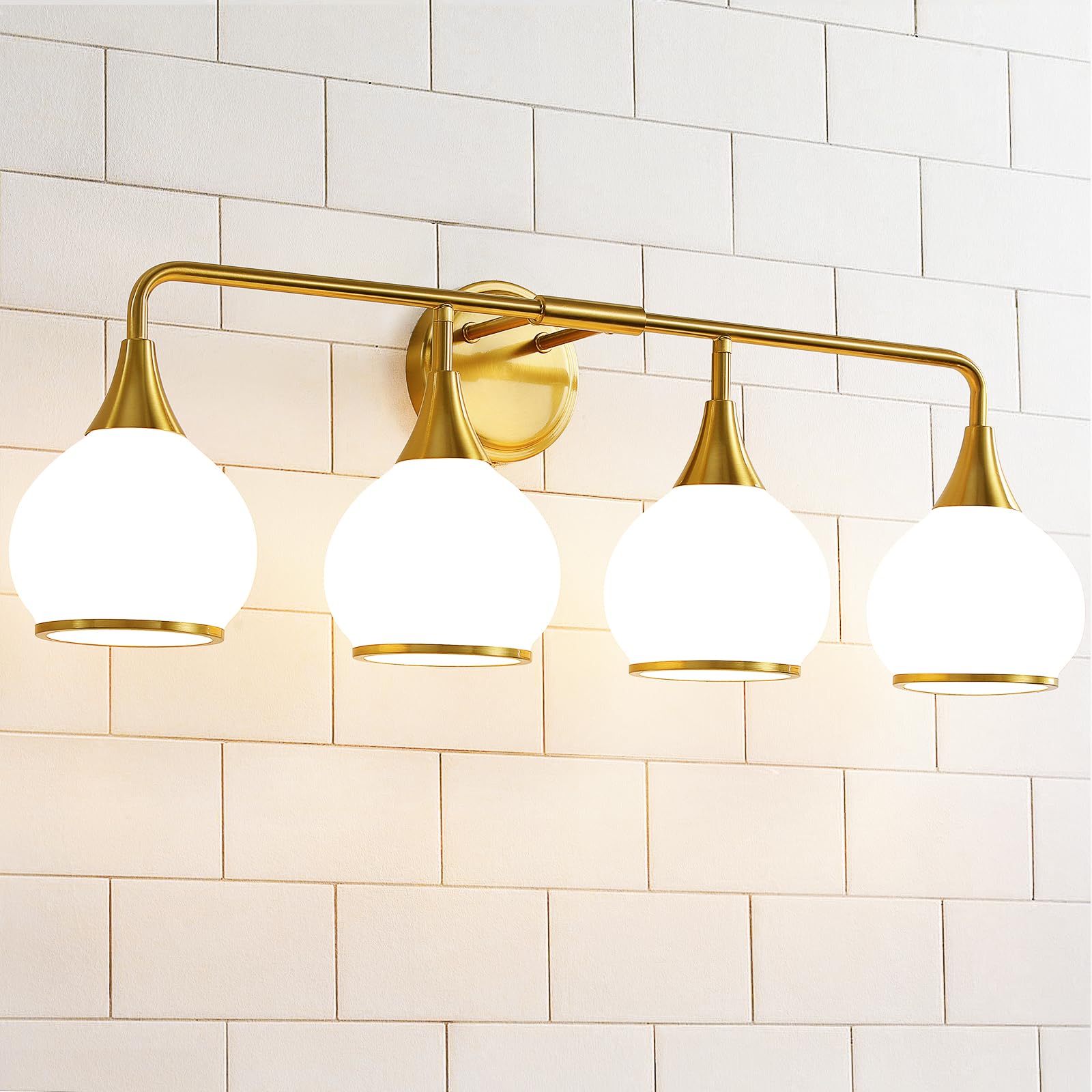 HAHZT Brass Gold Bathroom Light Fixtures, 4-Light Vanity Lights, Milky White Frosted Glass Shade, Model 8033ML, 30.7 Inch Wall Sconce