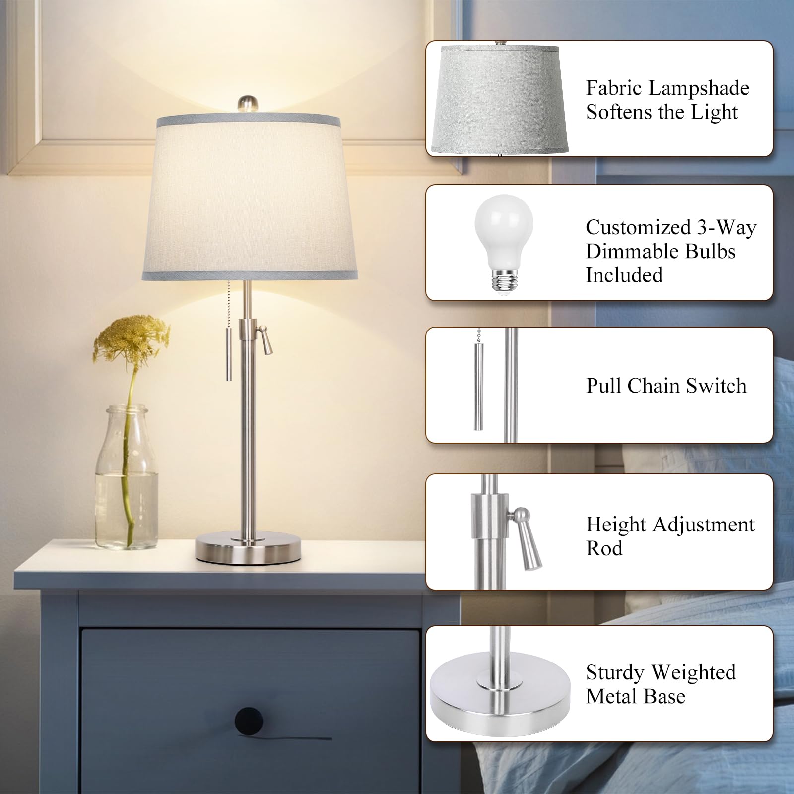 JUNNAI Adjustable Height Table Lamps Set of 2, Silver with Gray Shade, 22" to 30" for Bedroom and Living Room, Bulbs Included