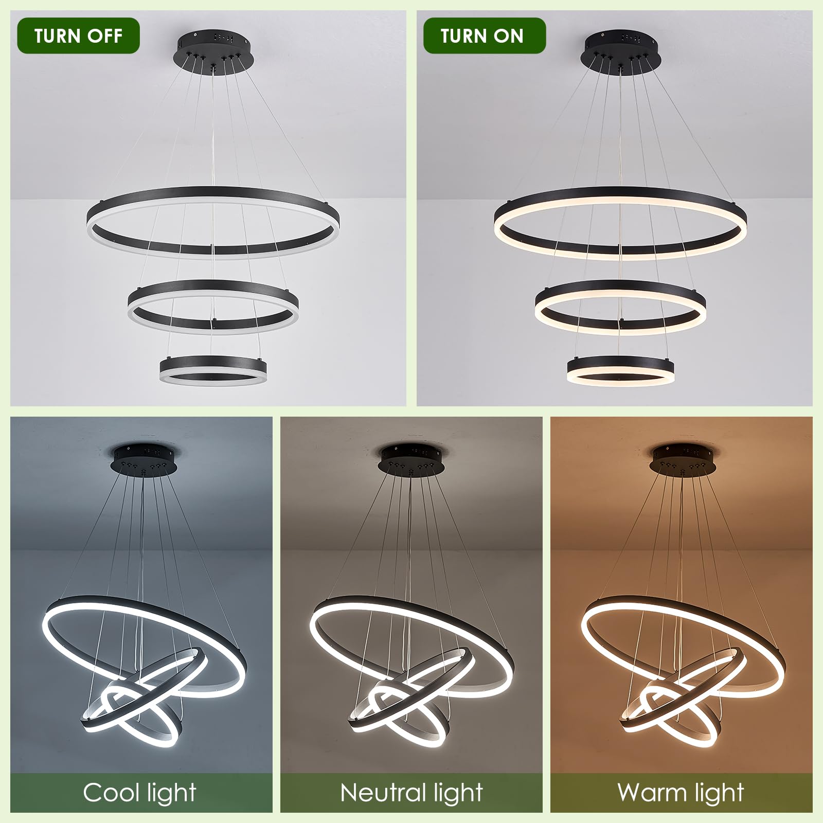 Benkut 3-Rings D23.6 Modern Led Chandelier Black Dimmable Pendant Lighting With Remote Control Circular Flush Mount High Ceiling Light For Dining Room Living Room Bedroom Entrance Foyer, 3000K-6500K