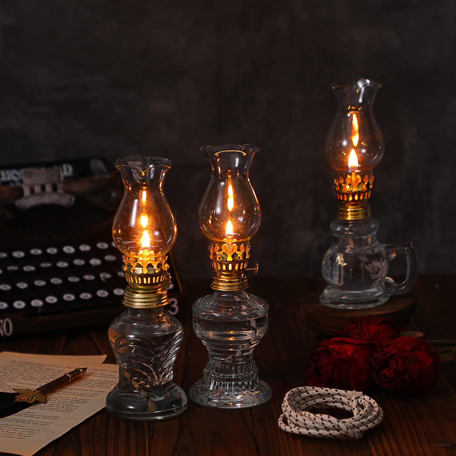 Yexiya 6 Pcs Oil Lamp Vintage Glass Kerosene Lamp Rustic Lantern Chamber Oil Lamps Clear Kerosene Lamp Hurricane Lamp With 6.6 Ft Extra Wick For Indoor Use Home Decor Emergency (Classic Style)
