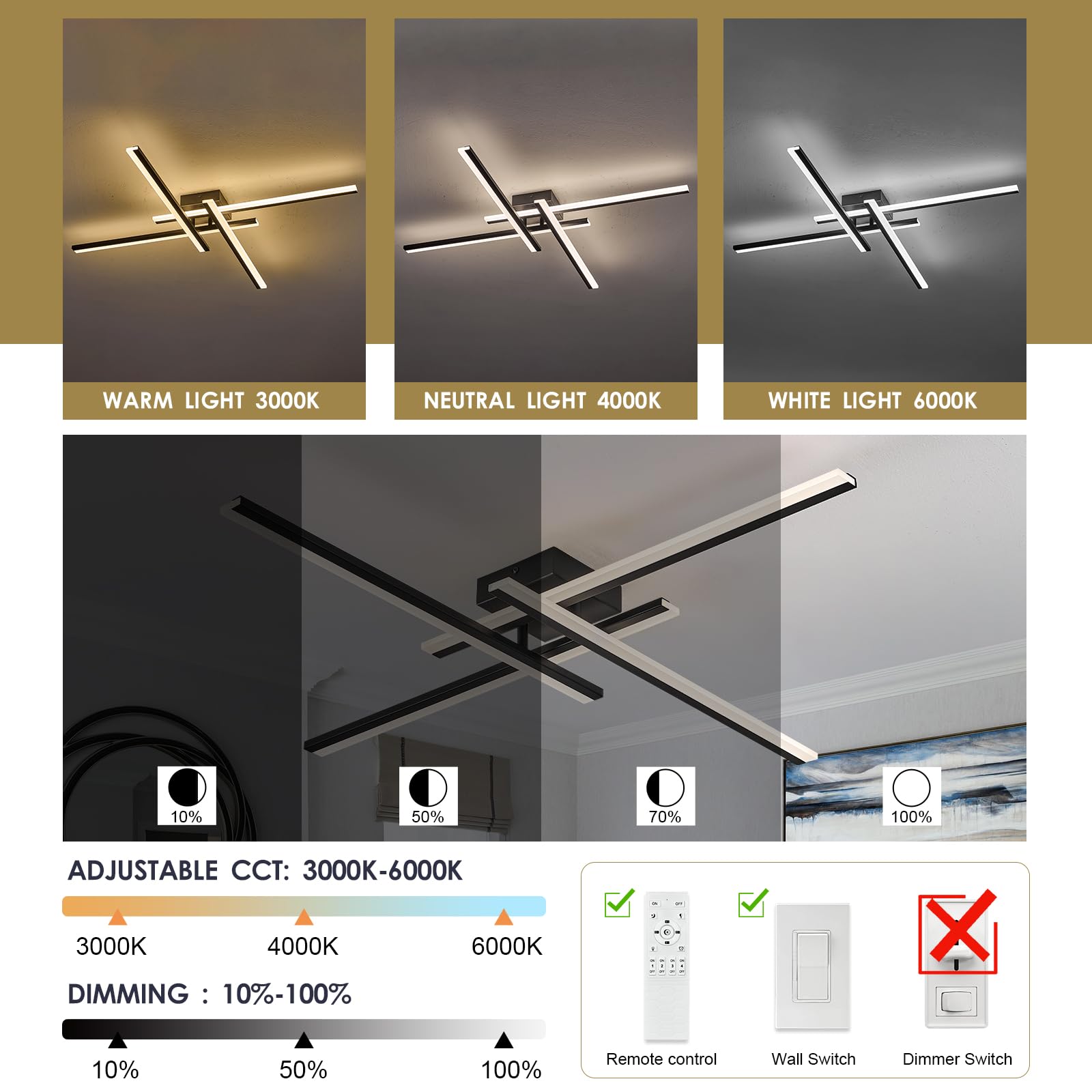 Airyphant Modern Led Chandelier 4-Lights Semi-Flush Mount Ceiling Lighting Fixture 35.4  Dimmable Remote Control Ceiling Light For Living Room Bedroom Kitchen Foyer 40W