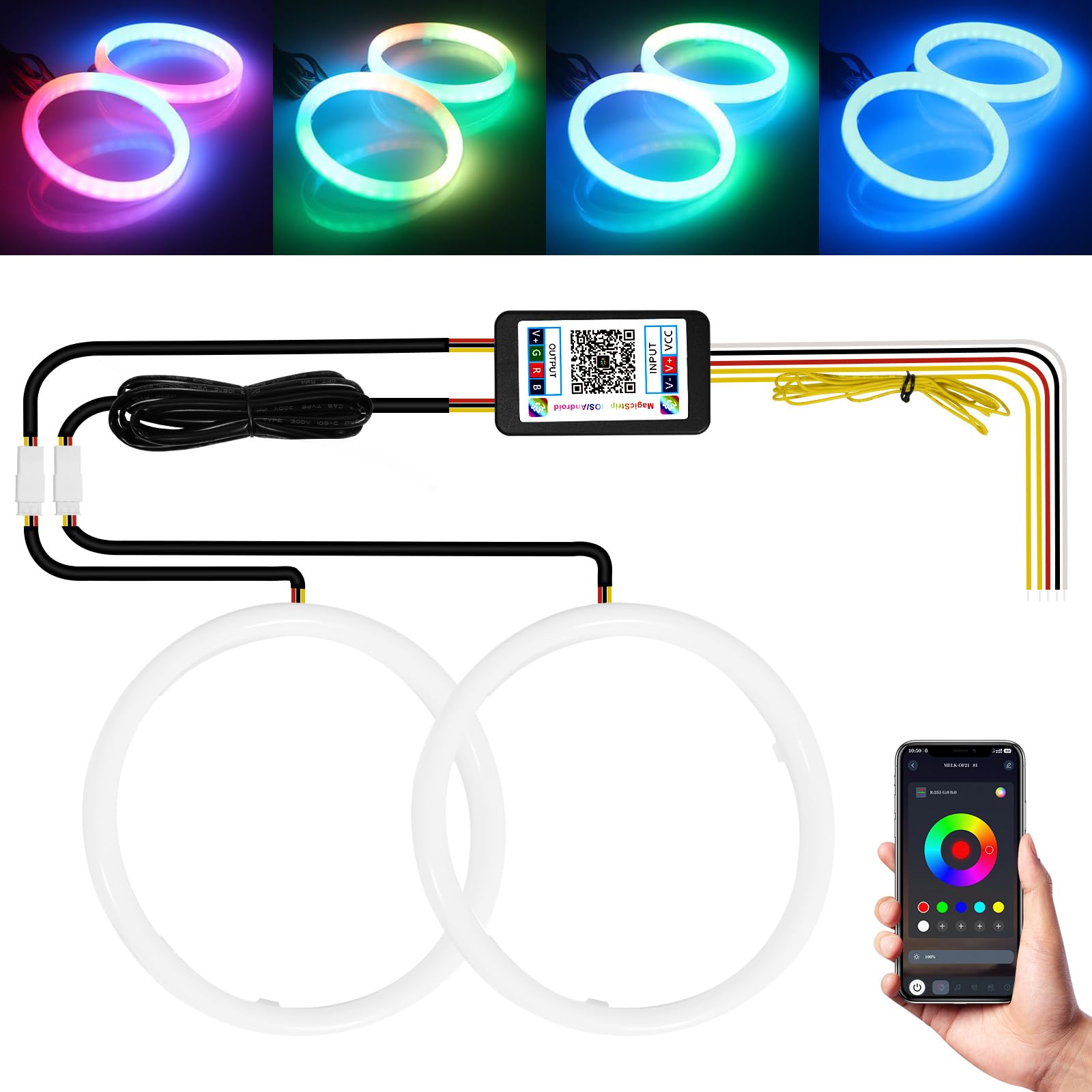 Qasim Angel Eyes Halo Rings LED Lights 12V RGB 100MM Multicolor Cotton for Car Scooter Motorcycle DRL with Bluetooth Control 2-Pack