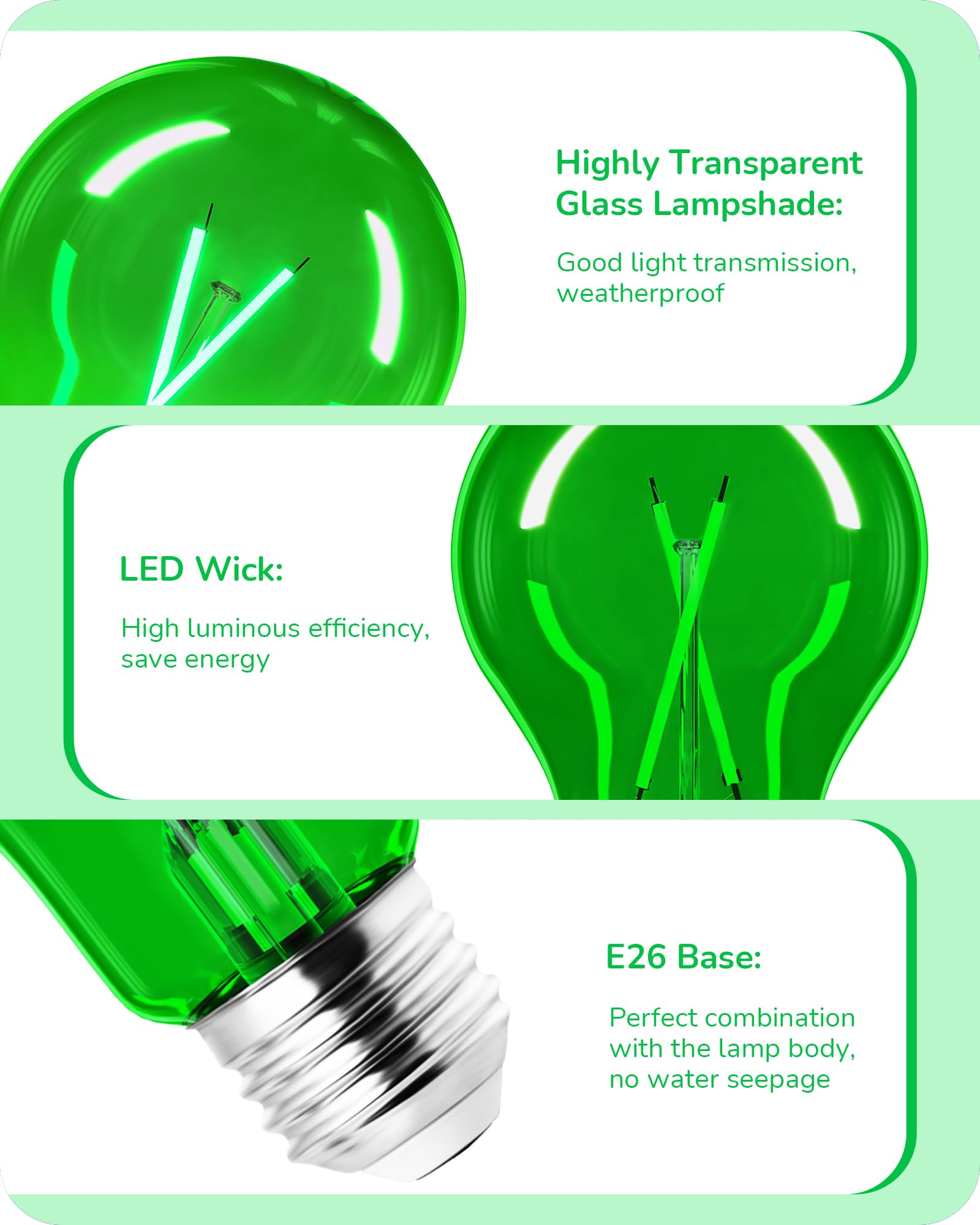 EDISHINE 8W A19 Dimmable Green LED Light Bulb, UL Listed, E26 Base, 4 Pack - Perfect for Christmas Decorations and Home Lighting