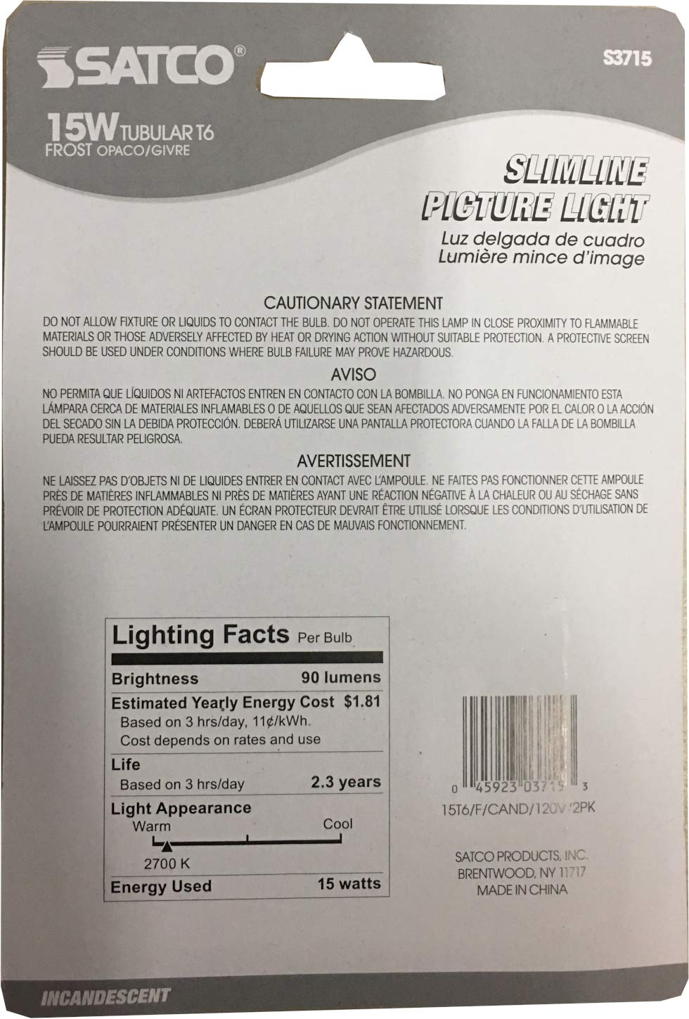 Satco Tubular Incandescent Light Bulb, Frosted Finish, 15W, 120V, E12 Base, Pack of 2