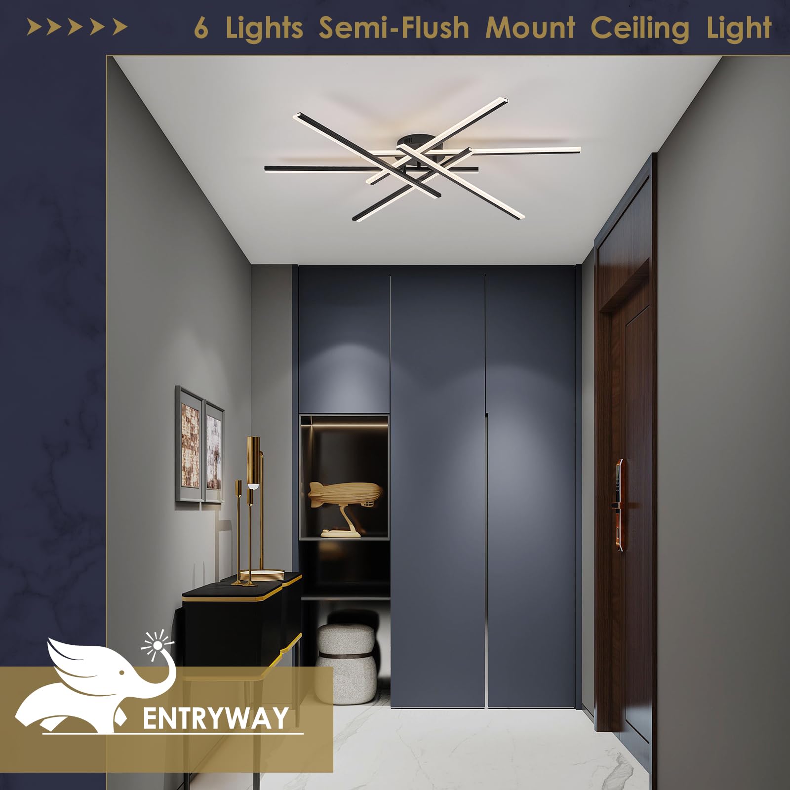 Airyphant Modern Led Chandelier With Remote Control  6-Lights Black Semi-Flush Mount Ceiling Lighting Fixture For Living Room  Bedroom  Dining Room 60W