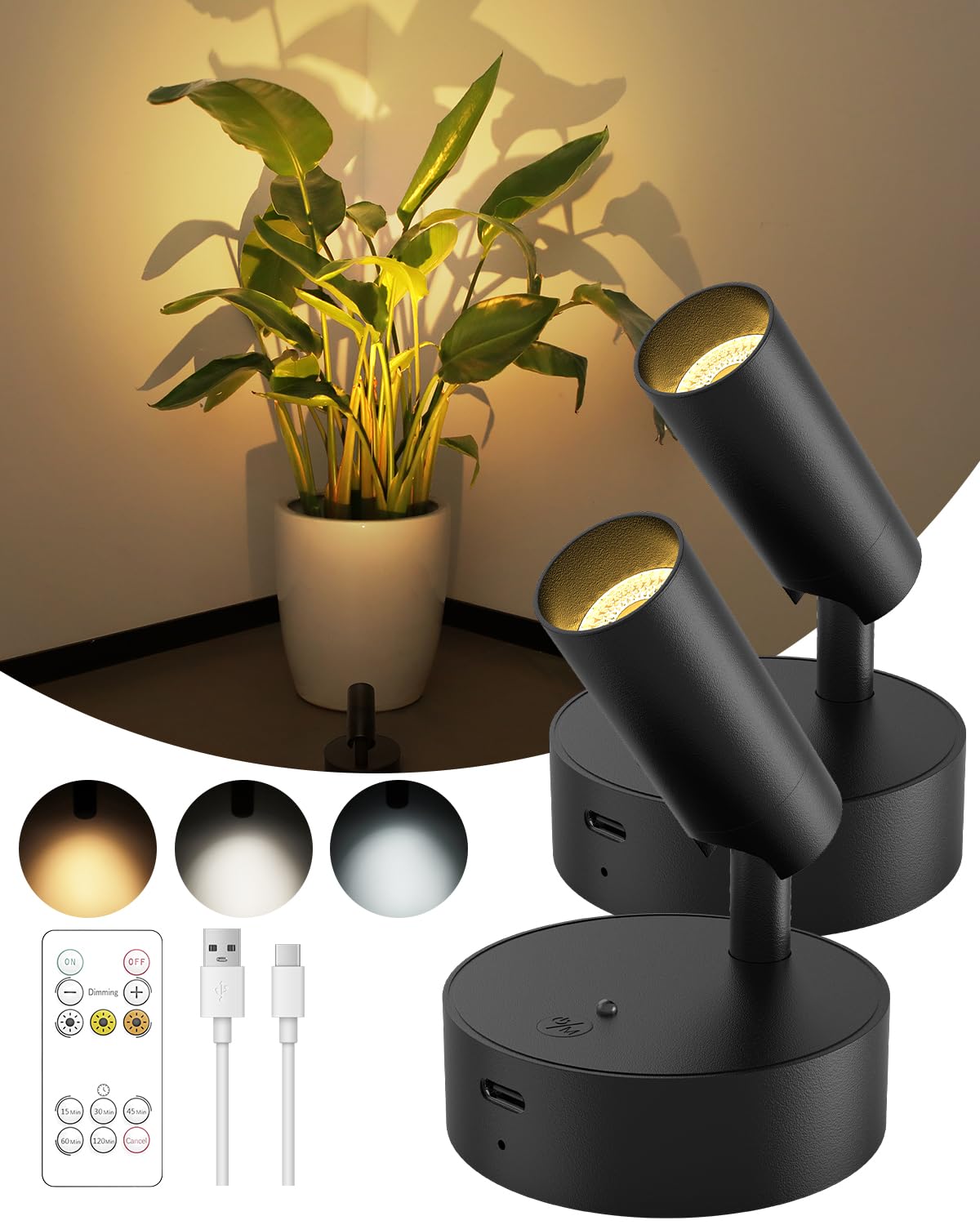GOODEA Spotlights Indoor with Remote, 3000mAh Rechargeable Battery Plant Spotlight Indoor, Wireless Uplighting with 3 Colors & D
