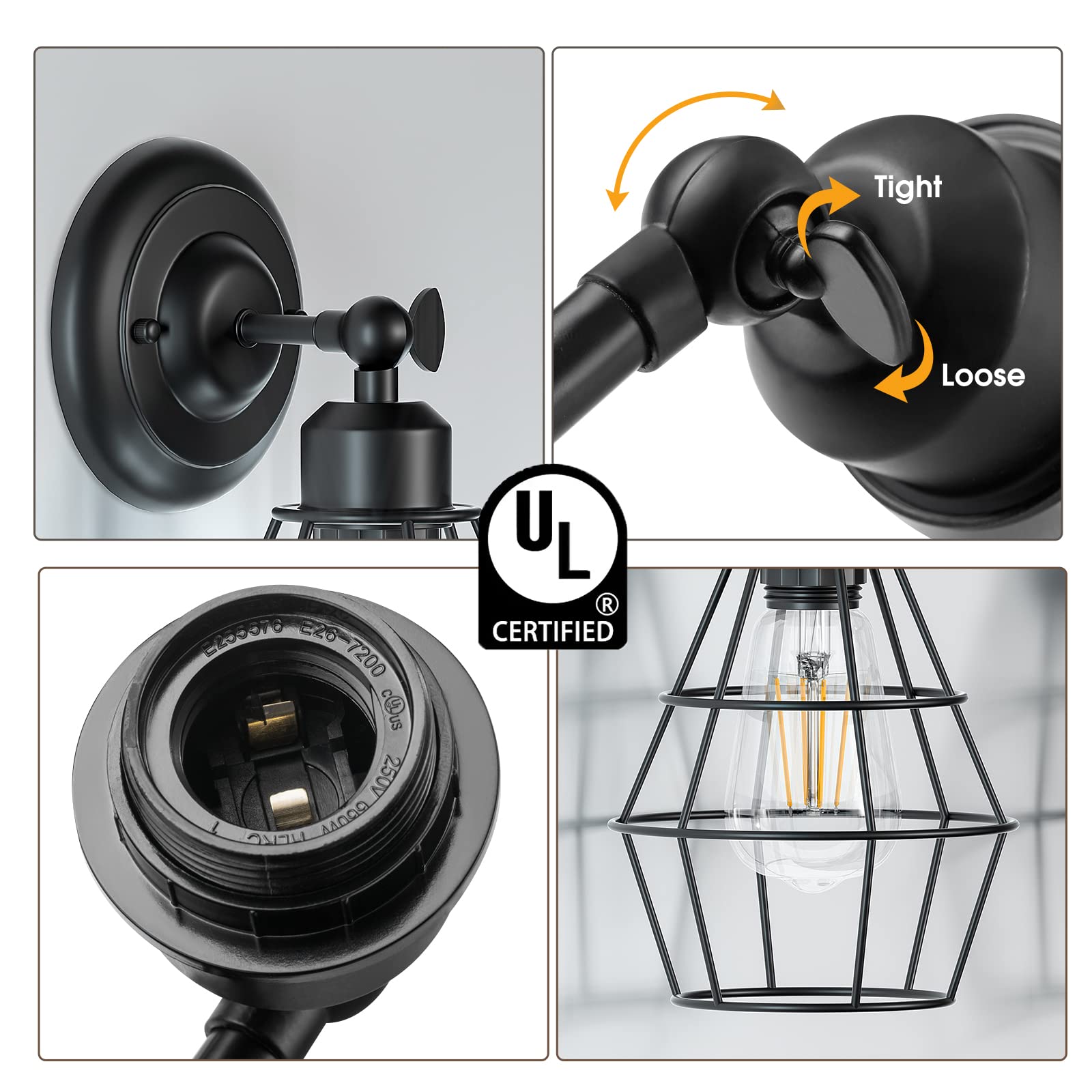Elibbren Industrial Wall Sconce, Vintage Wire Cage Design, Metal, Black, 2 Pack