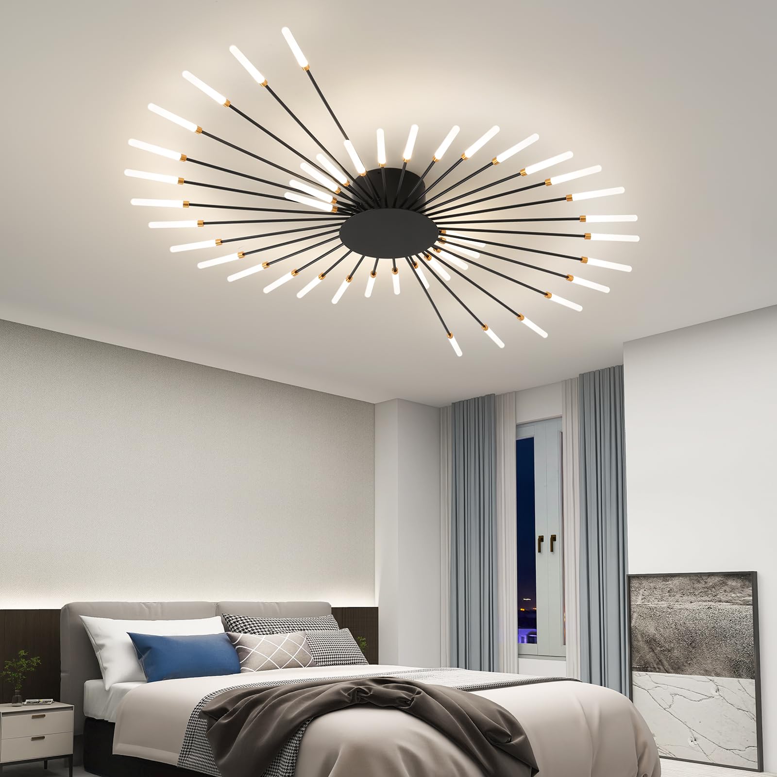 Ziidoo Modern Ceiling Light  42 Lights Metal Firework Designed Chic Led Lighting Fixture For Farmhouse Kitchen Dining Room Bedroom Hallway Living Room (Black)