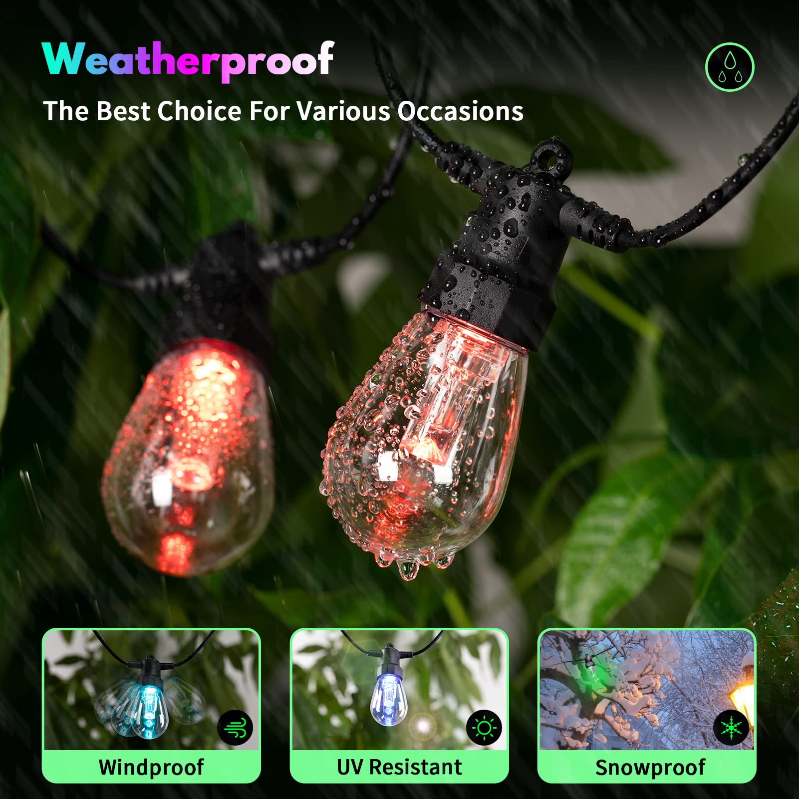 Outdoor String Lights Color Changing - 48Ft Sync With Music Led Patio Lights Outdoor Waterproof With App And Remote Hanging 15 Rgb Bulb Create Ambience For Garden, Cafe, Backyard, Christmas, Party
