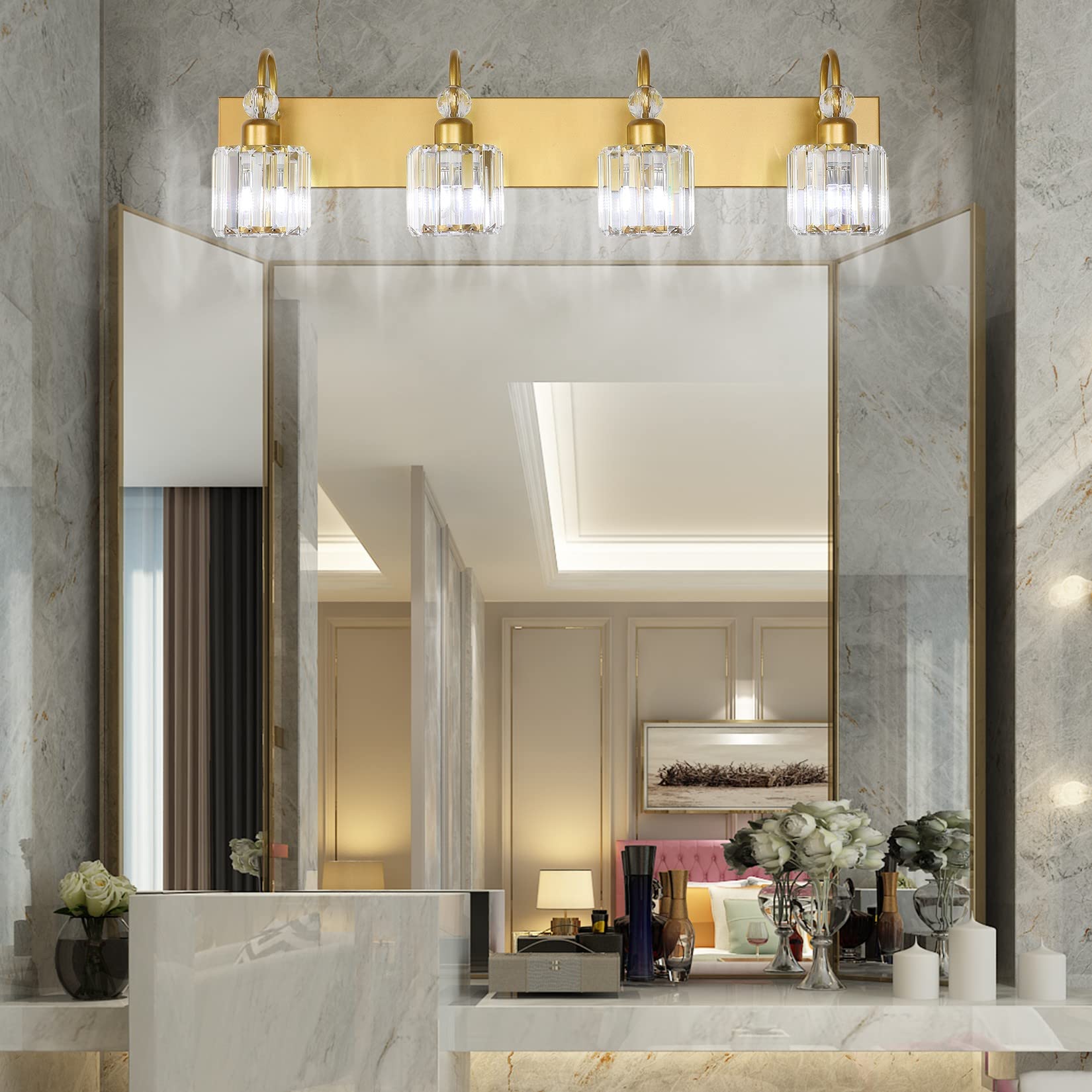 Ralbay 4-Light Gold Crystal Vanity Lights - Modern Bathroom Wall Lighting Fixture, Round-Gold, Model 8600