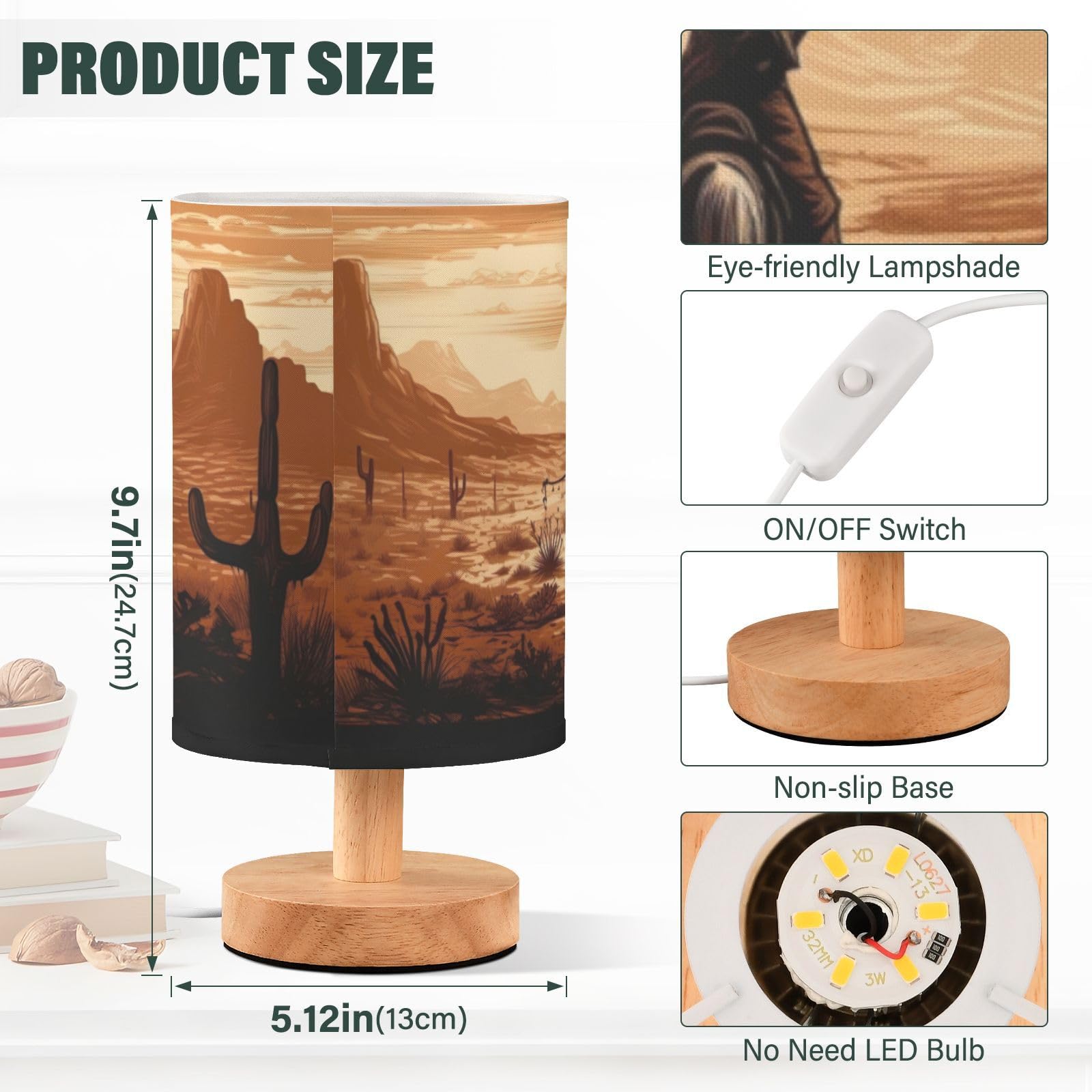 Goodold Vintage Western Cowboy Led Table Lamp - Modern Minimalist Bedside Lamp With Round Flaxen Fabric Shade For Nightstand, Pe
