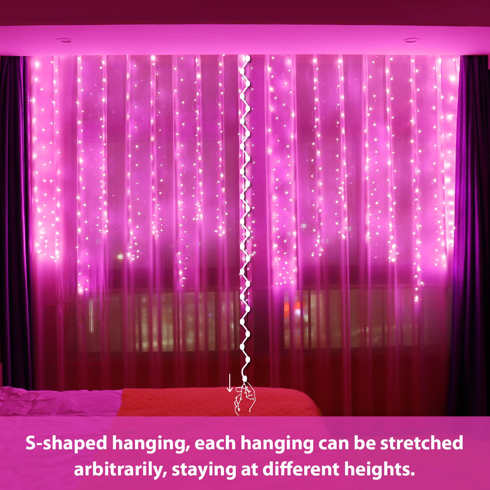 HXWEIYE Fairy Curtain Lights, 300LED, Pink, USB Plug, 9.8x9.8Ft, 8 Modes, Timer, Model HY100150-300, Suitable