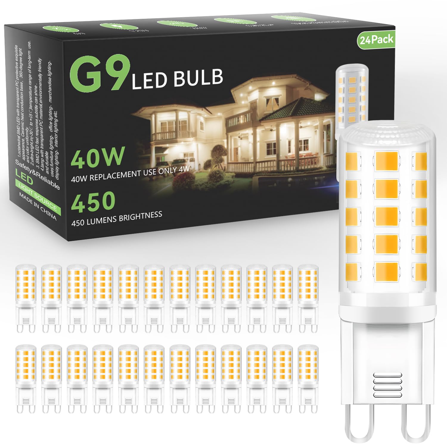 Tjoy 24 Pack G9 Led Bulb 4W, 40 Watt Equivalent Halogen, 3000K Warm White Chandelier Light Bulbs, T4 G9 Bi-Pin Base For Crystal 