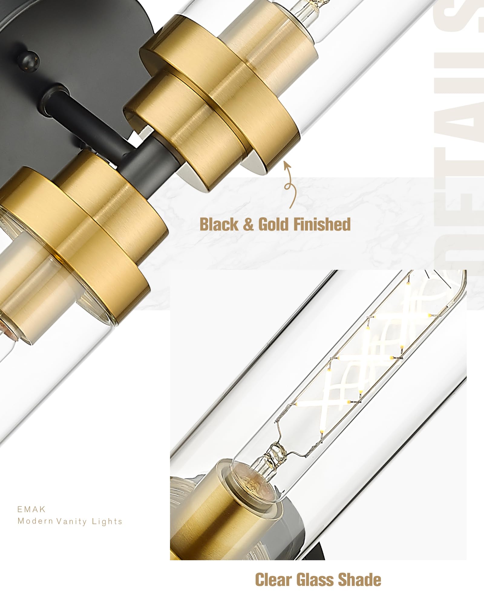 Emak Black And Gold Vanity Lights For Mirror, Modern 22 Inch Bathroom Light Fixtures With Clear Glass Shade, 2-Light Cylinder Wa