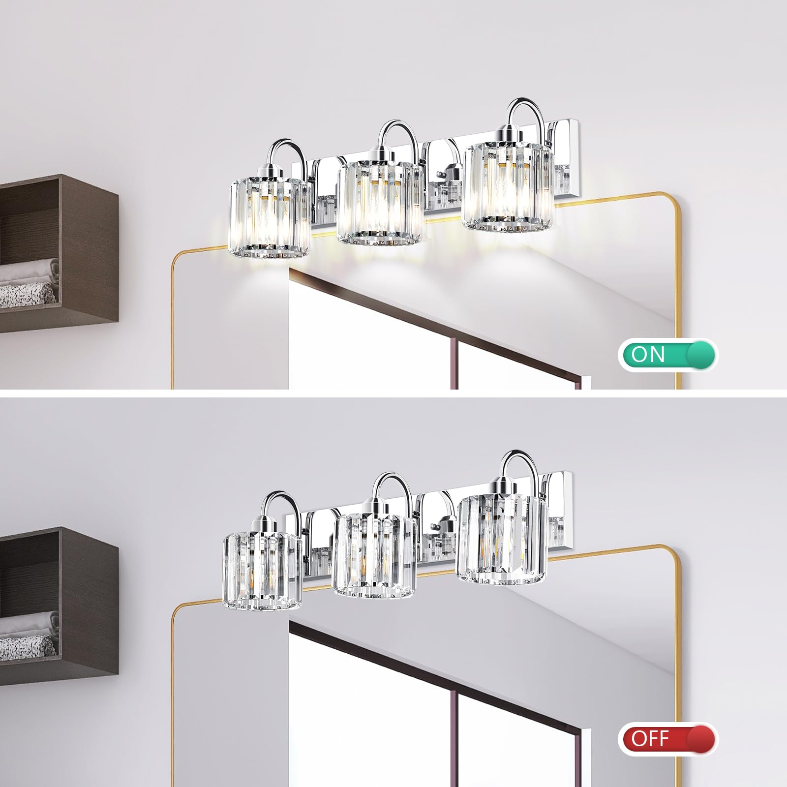 Valytime Bathroom Vanity Light, 3-Light Chrome Fixture, Polished Stainless Steel, Clear Crystal