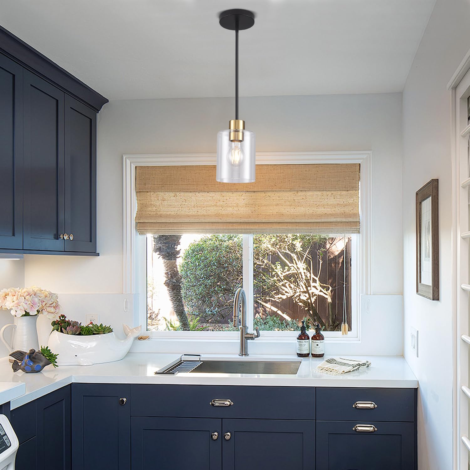 KLSS Black Brass Pendant Lights - Clear Glass Fixture, 12in & 4in Rods, 3 Units, Model HJBLDD1P001
