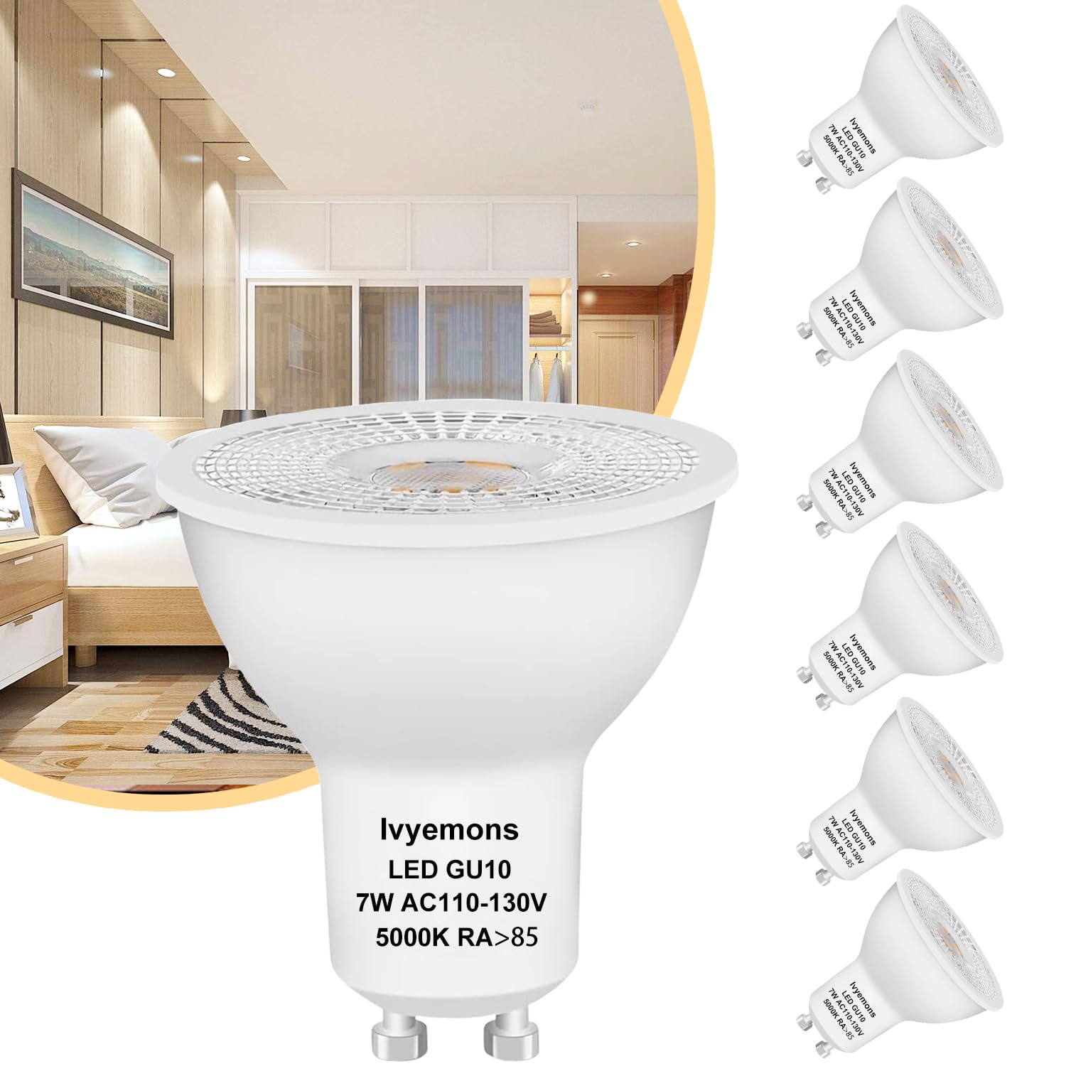 Ivyemons Gu10 Led Dimmable Bulb 5000K Daylight White Flicker-Free, Gu10 Bulb Led 7W 500Lm High Output, Equivalent 50W Traditiona
