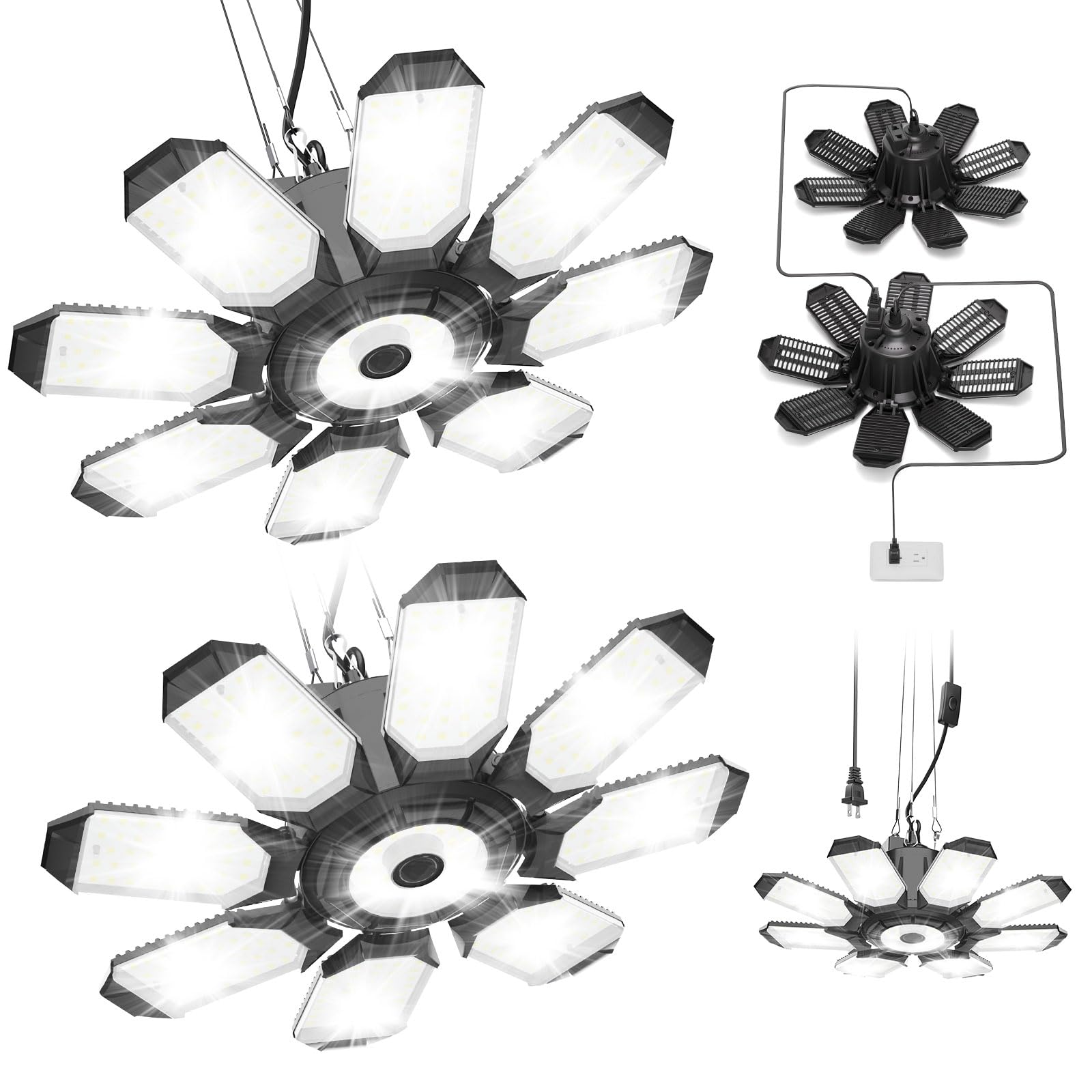 TANBABY Upgrade 250W LED Garage Lights Plug in 2 Pack, Total 50000LM Deformable Garage Lights Ceiling LED Plug in Cord, Plug in Shop Lights for Garage Lighting with 8+1 Panels Garage Bulb for Basement