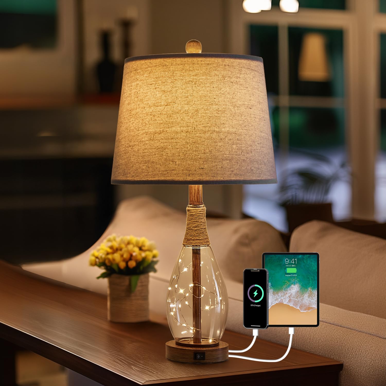 OYEARS USB A+C Table Lamp, 23in Modern Rattan & Glass Nightstand Light, Brown, Model AMZ-T1140-U-1