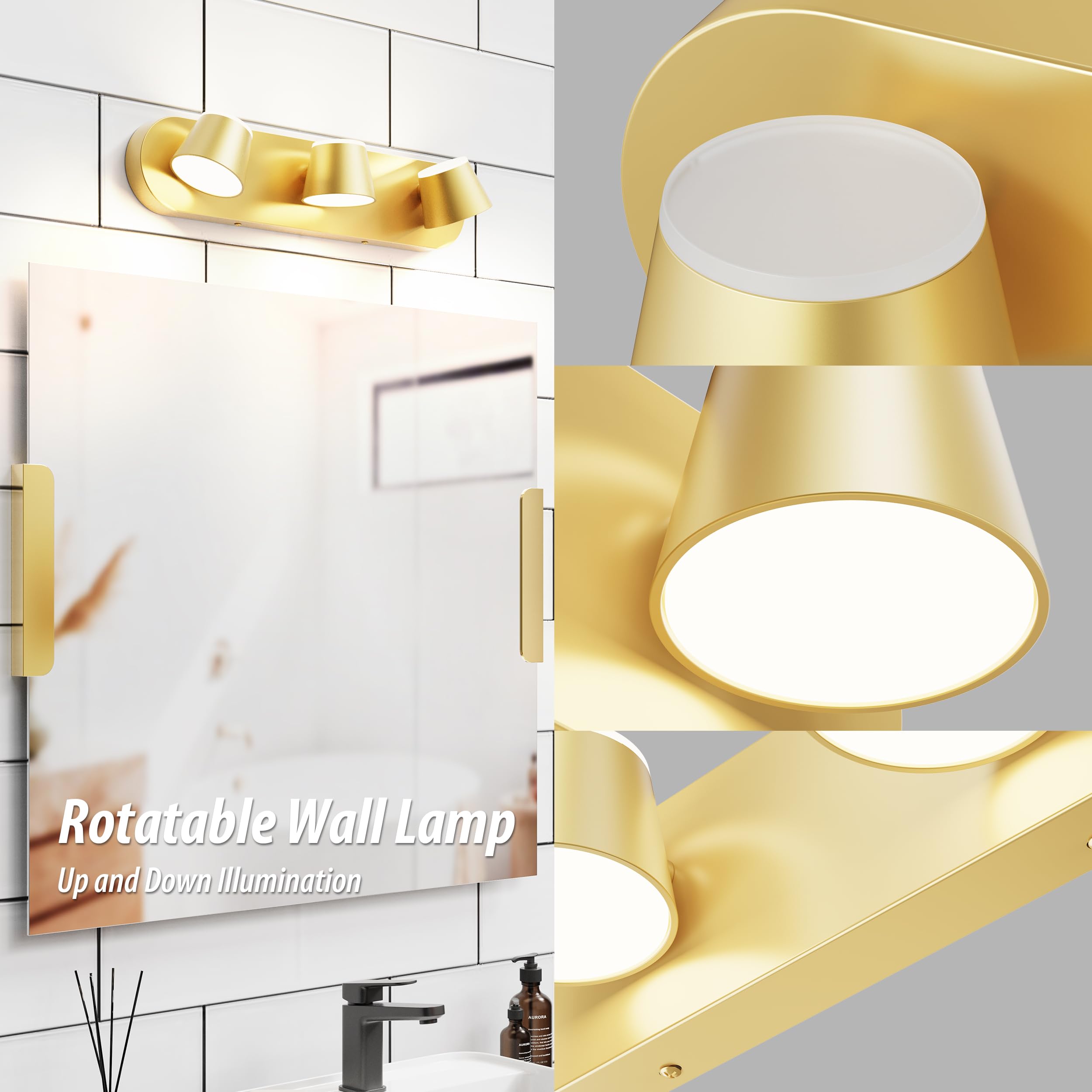 URSOLA 3 Light Bathroom Vanity Light Fixtures, Gold Metal, Dimmable, 20 Inch, Model 7540GD-3T