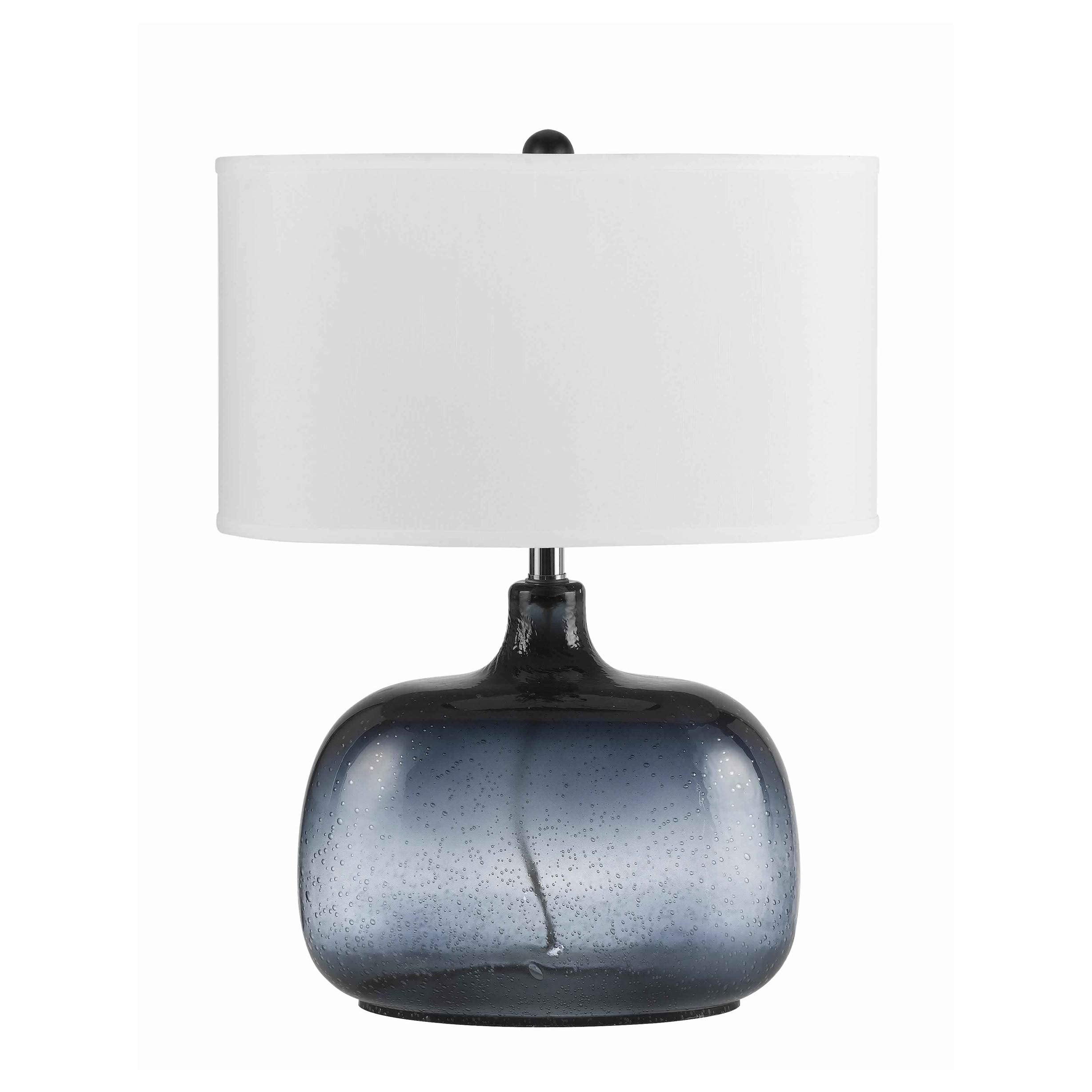 Benzara Glass Table Lamp with Drum Shade, Bubble Design, Model BM223699, Blue and White