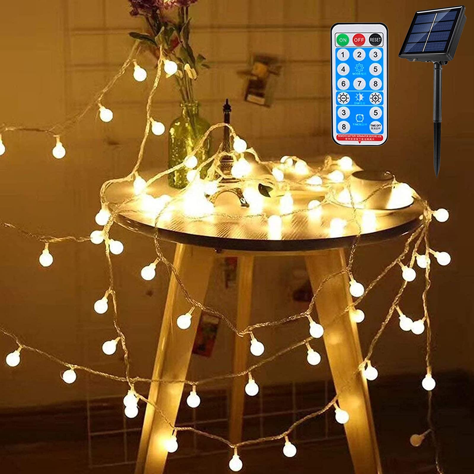 RaThun Solar Globe String Lights, 100 LED, 49 Feet, Warm White, Indoor/Outdoor, 8 Modes, Plastic
