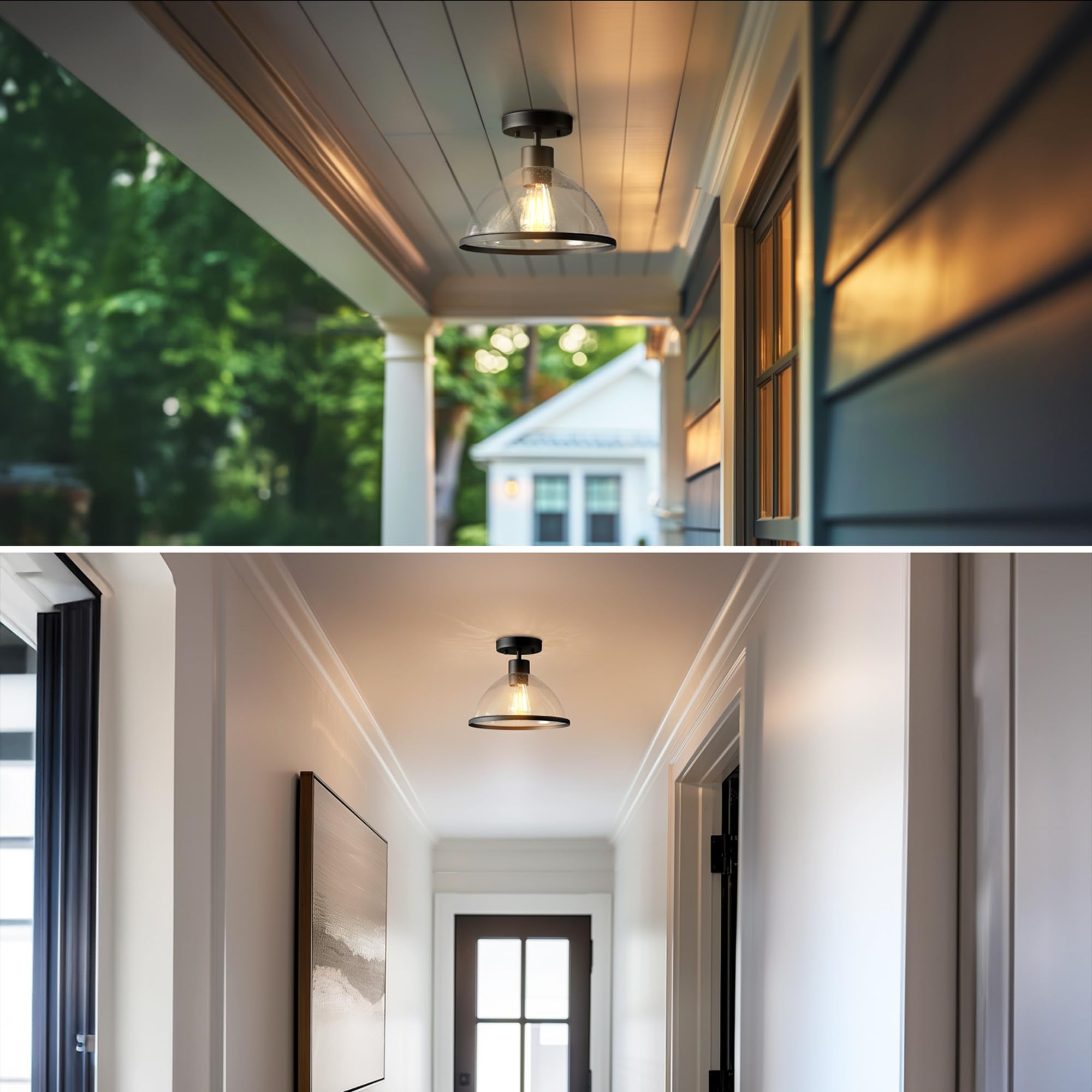 Globe Electric 1-Light Outdoor Flush Mount Ceiling Light, Matte Black, Seeded Glass Shade, Weather Resistant, Model 60000121