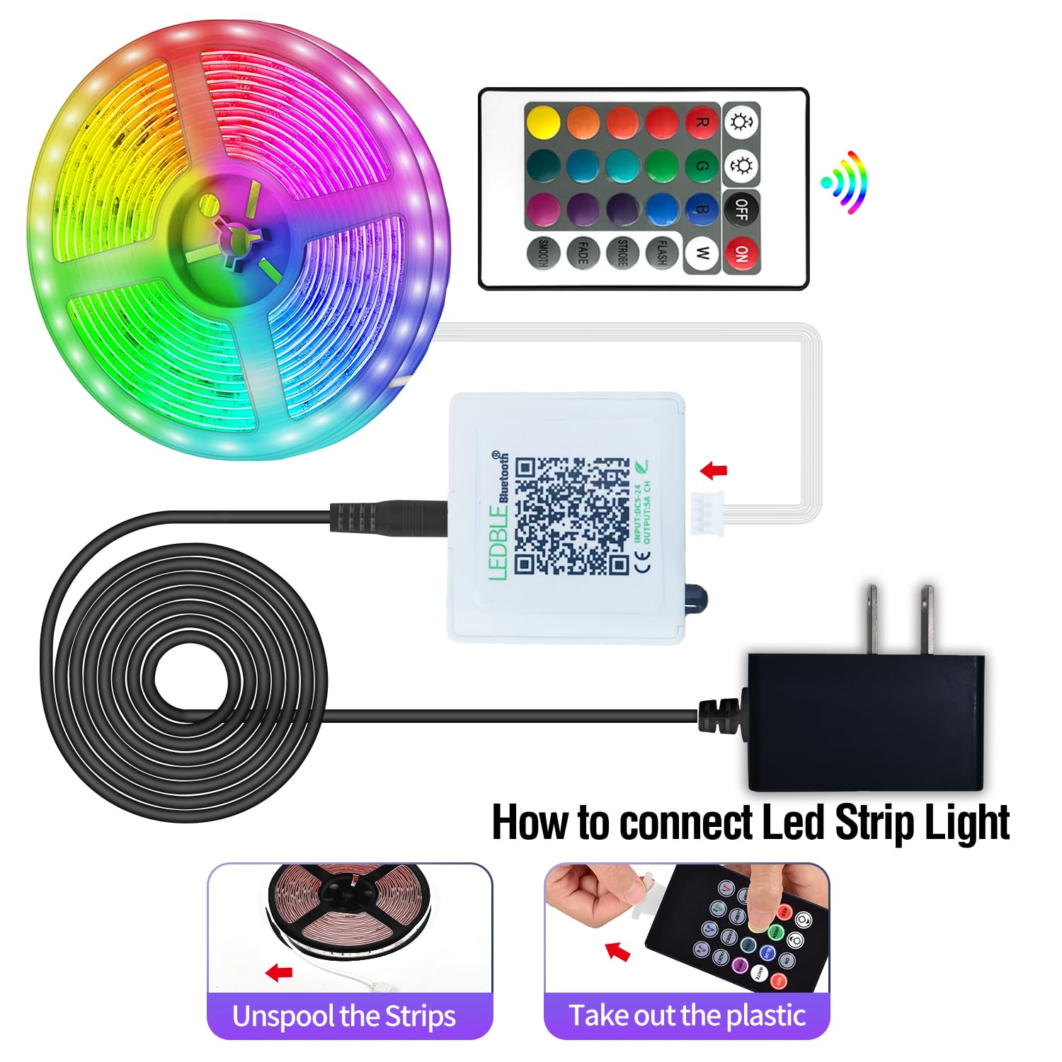 Ailbton Led Strip Lights,60Ft Music Sync Color Changing, Built-In Mic,Bluetooth App Control Led Tape Lights With Remote,5050 Rgb