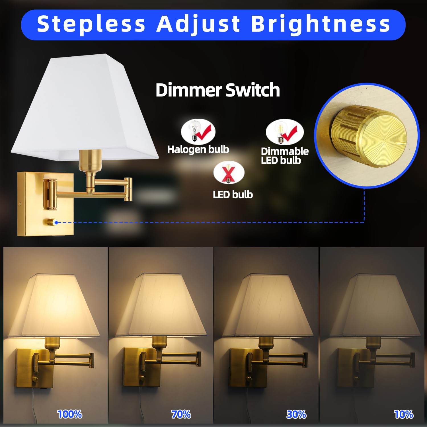 PULLCU Wall Mounted Lamp, Dimmable Swing Arm Sconce, Gold, Metal, Model JDS-BD-009, USB Port, Suitable for Hallway, Bedroom, Living Room