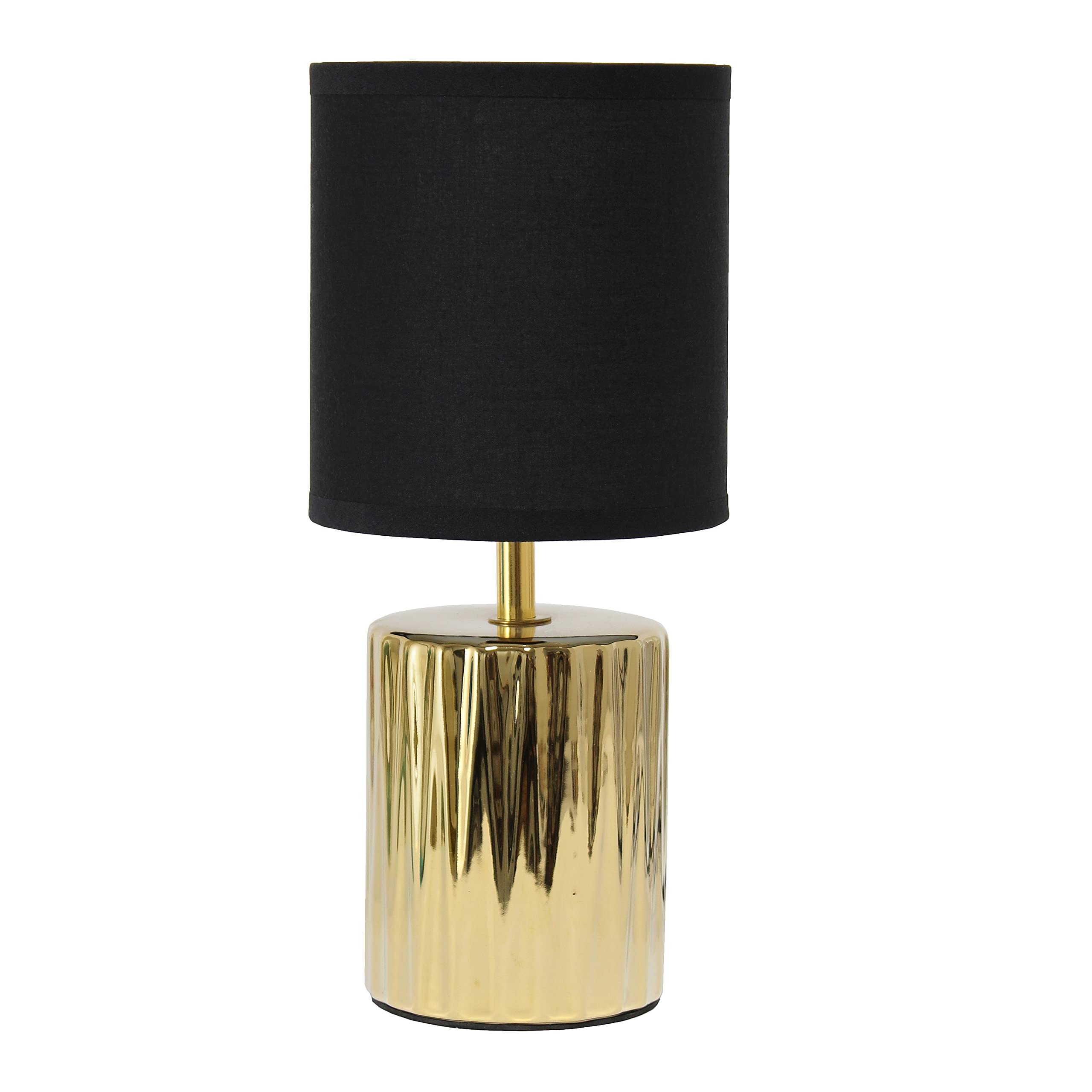 Simple Designs Lt1132-Gld 11.61&quot; Tall Contemporary Ruffled Metallic Gold Capsule Bedside Table Desk Lamp W Black Drum Fabric Shade For Home Decor, Bedroom, Living Room, Entryway, Office