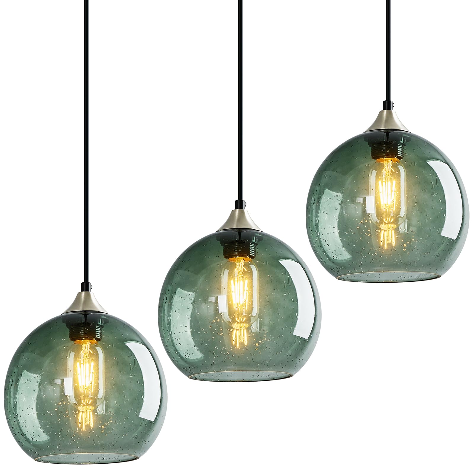 Lbsqj Gray Green Glass Pendant Lights Kitchen Island Lighting Globe Pendant Light Fixtures Modern Pendant Lighting For Kitchen Island Bedroom Living Dining Room Light Fixture(7.87In  3-Pack)