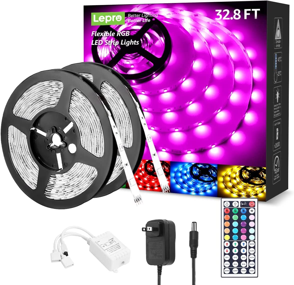 Lepro LED Strip Lights, 32.8ft RGB, 300 LEDs, 12V Power Supply, Flexible Color Changing, Model 410084-RGB-US-NF-a