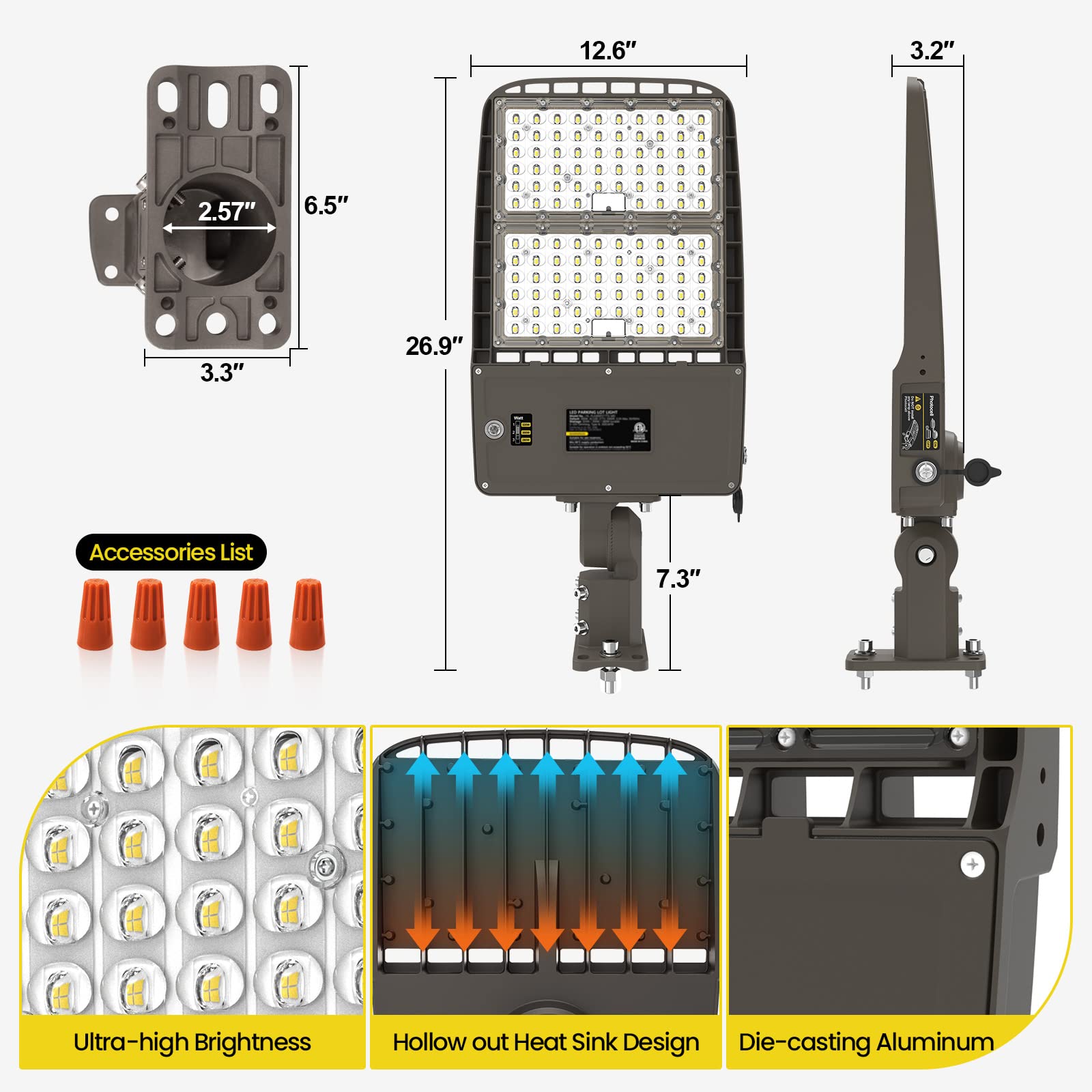 Yarbo 320W Led Parking Lot Light 300W 280W Tunable, 5000K, 51200Lm 160Lm/W Parking Lot Light, Dimmable Led Shoebox Light, Dusk T