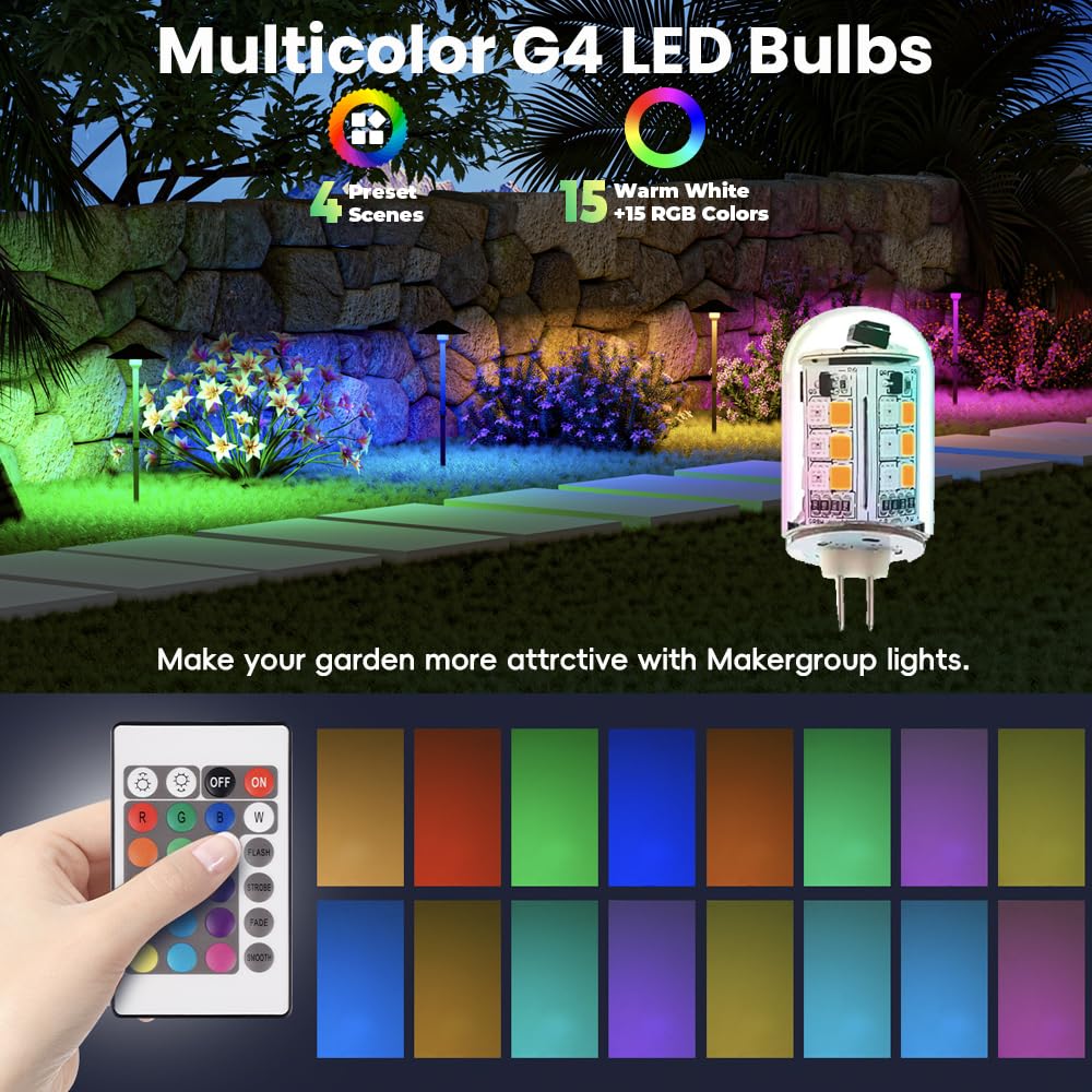 Makergroup G4 Bi-pin LED Bulbs 12V Color Changing 3 Pack, Warm White + 15 Multicolors, Dimmable Remote Control, Weatherproof