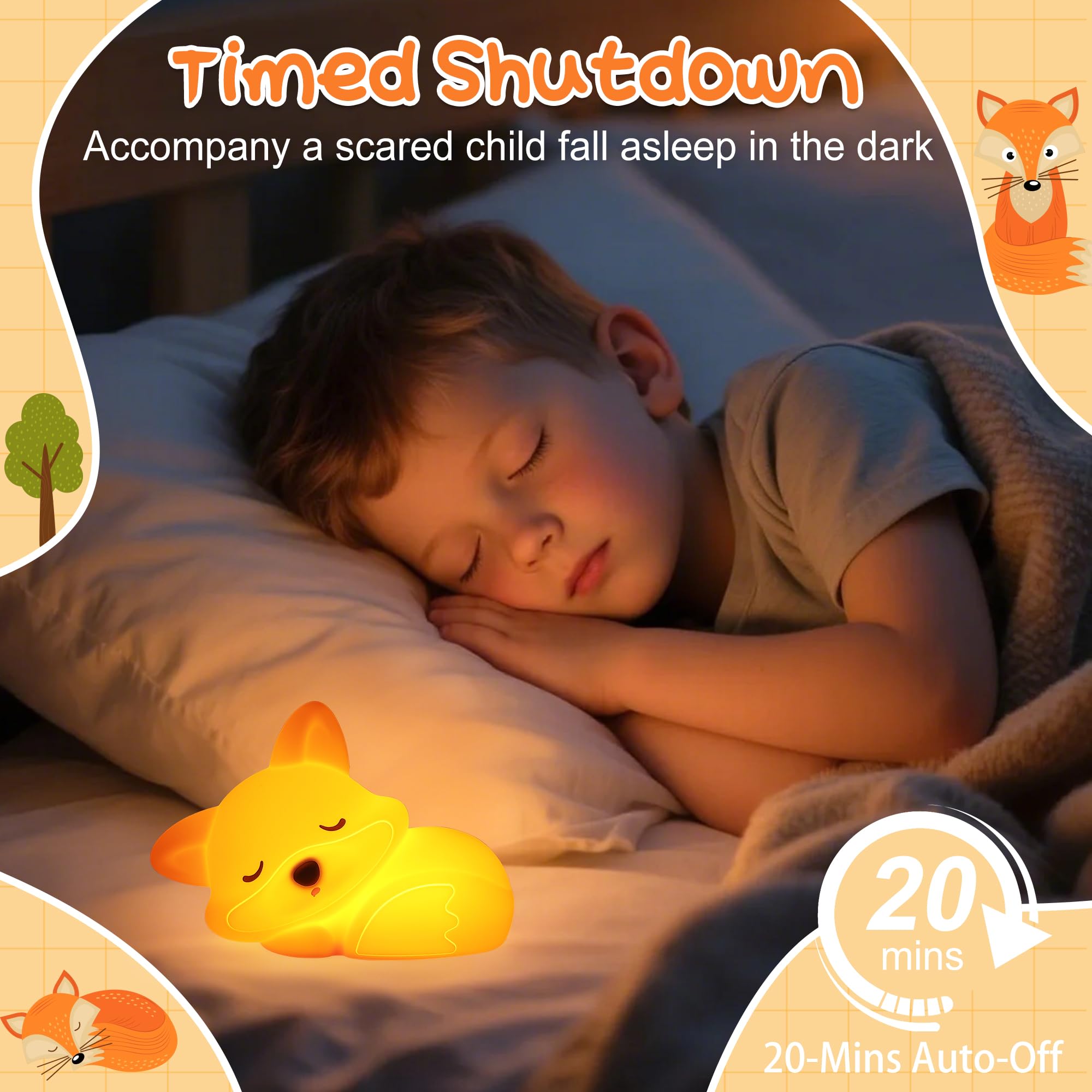 Okayera Fox Night Light For Kids  Cute Silicone Lamp With Rechargeable Dimmable 20 Mins Timer  Kids Bedside Decoration Light  Birthday Holiday Christmas Gifts Idea For Baby Girl Boy Friend