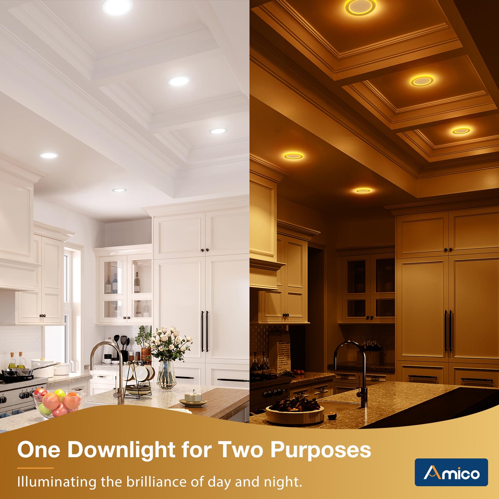 Amico 1 Pack 6 Inch 5Cct Led Recessed Ceiling Light With Double Ring Night Light, 2700-5000K Selectable Ultra-Thin Recessed Ligh