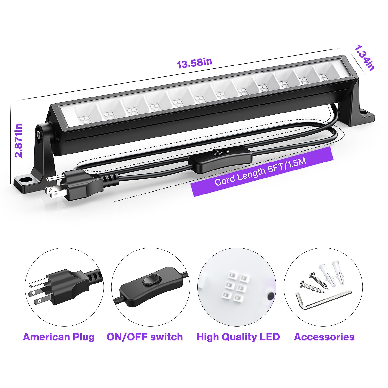 Atfoyer 40W Led Black Light Bar - Fluorescent Lighting For Parties & Halloween, Covers 484 Sq.Ft, Aluminum, Black, Model Atc40Ctuv