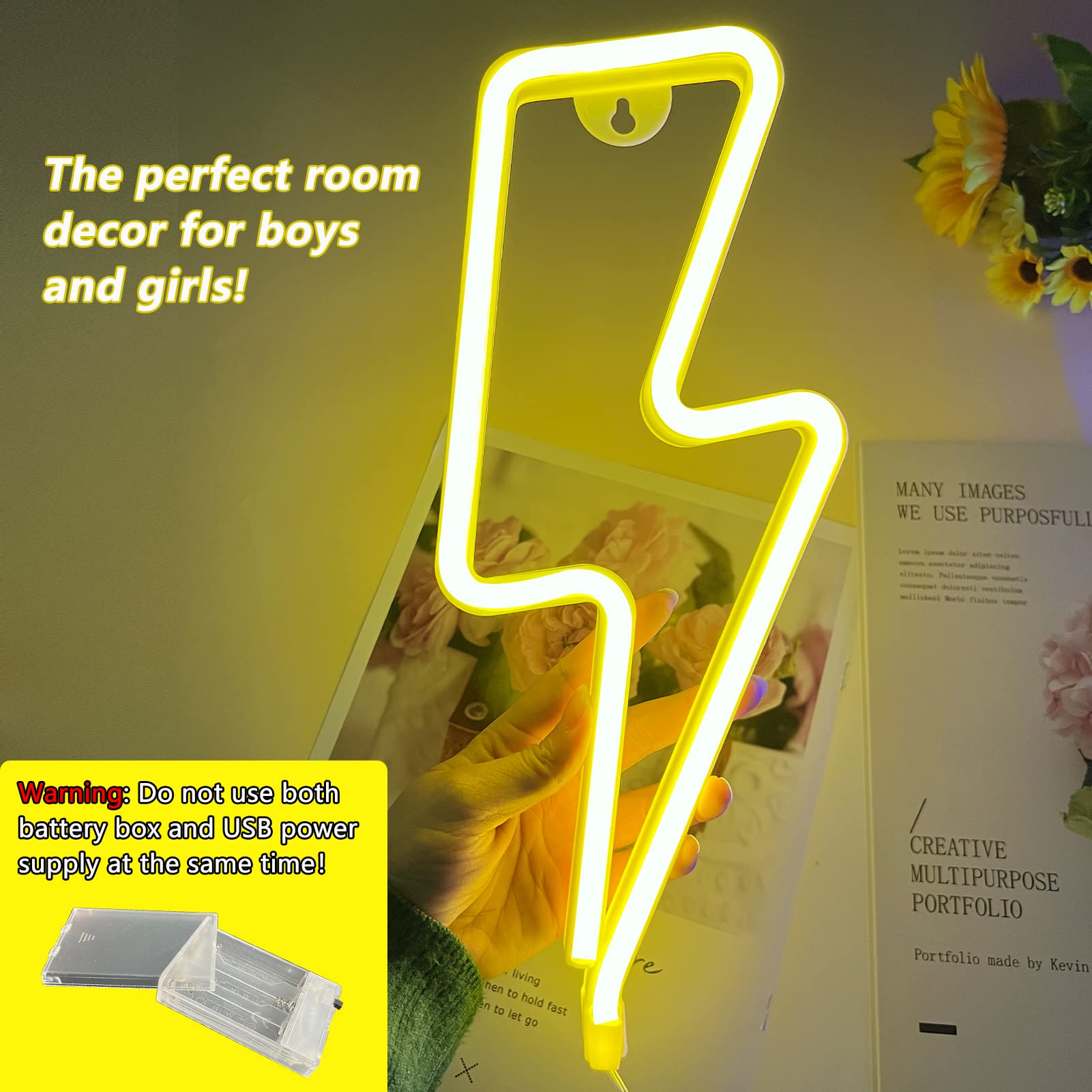 BerniceKelly Neon Lightning Bolt Sign, USB/Battery Powered, 13.2inx5.3in, Yellow