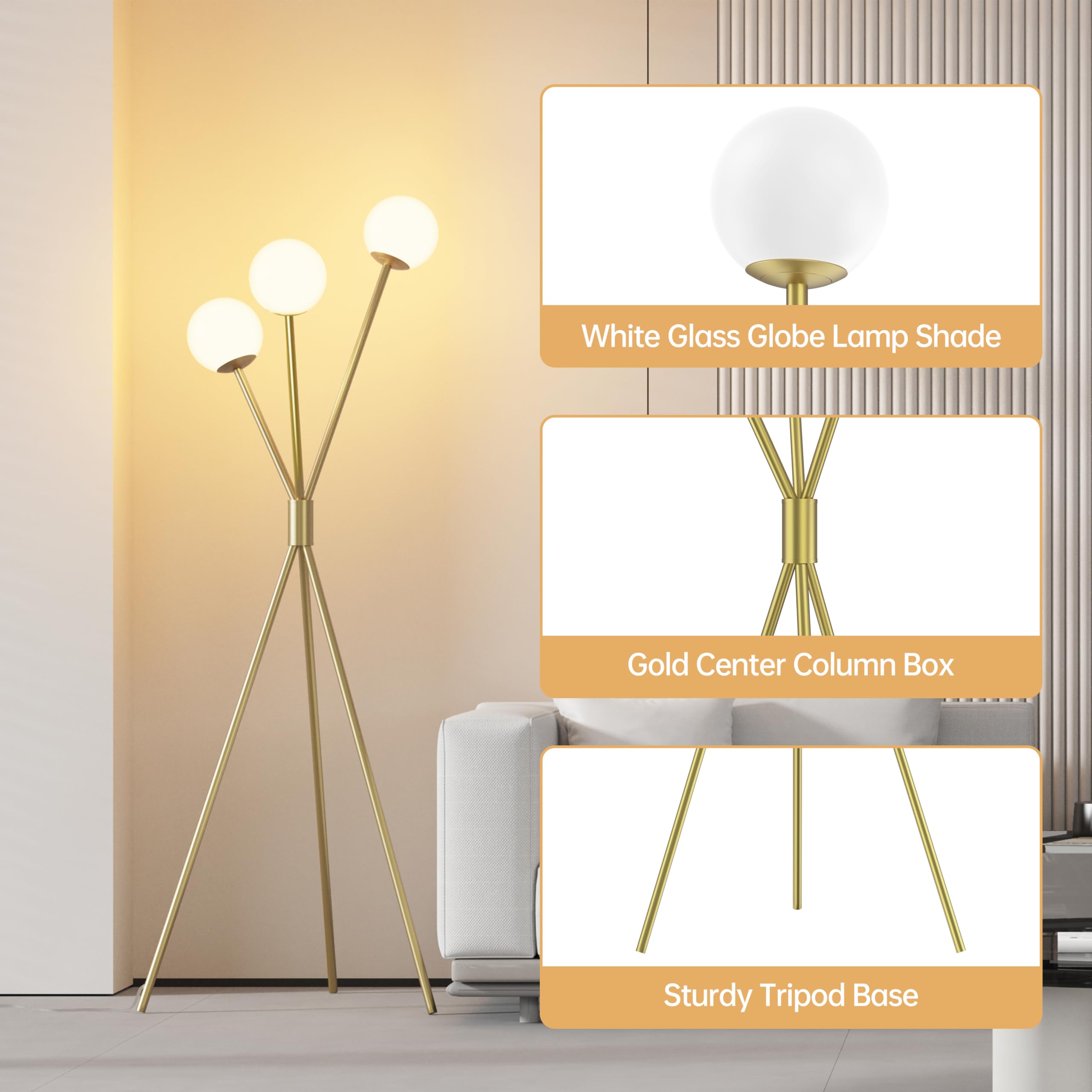 Maxax 65” Brass Gold Tripod Floor Lamp, 3 Lights Globe Shade, Mid Century Modern Design for Living Room and Office