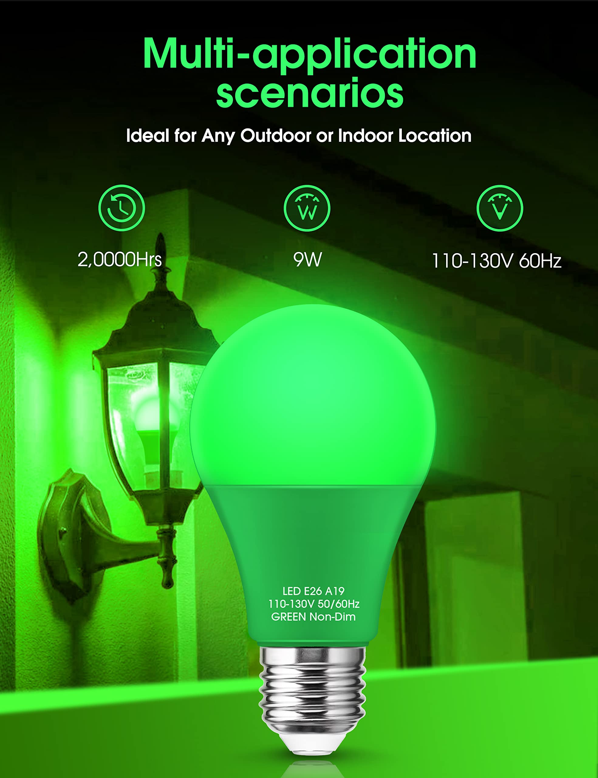 Green Light Bulb? 4 Pack?  9W (60W Equivalent) A19 Green Light Bulbs  E26 Base Non-Dimmable 720Lm 120V Porch Light  Led Colored Light Bulbs For Christmas Decor Party Holiday Lighting