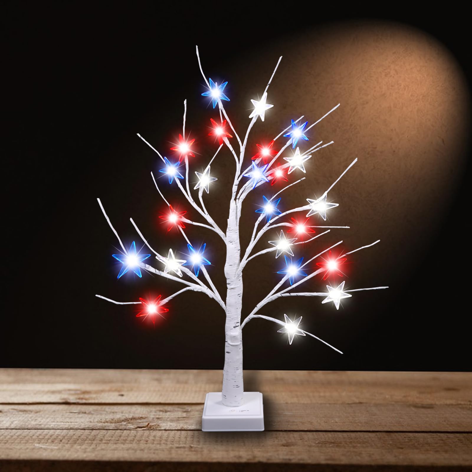 24 Inch 4th of July Decorations Patriotic Tree Lights, 24 LED Red White Blue Star Lights, USB/Battery Operated Lighted Tabletop 
