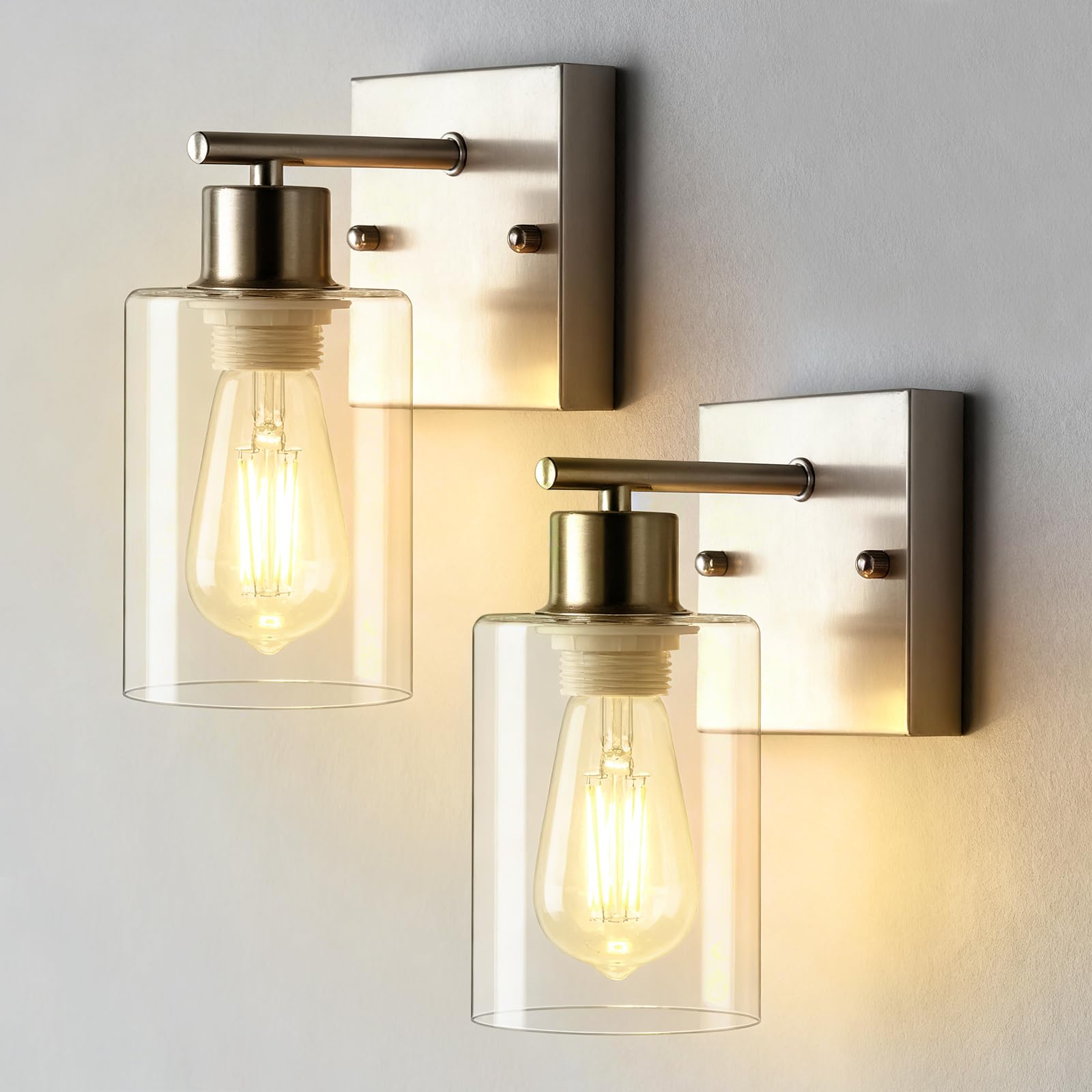 2-Pack Bathroom Wall Sconces  Brushed Nickel Vanity Lights  Modern Wall Light Fixture With Clear Glass Shade  Farmhouse Wall-Mount Lighting Lanterns  Wall Lamps For Mirror Living Room Bedroom Kitchen
