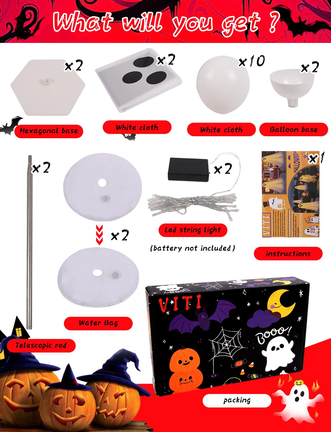 Halloween Light Up Ghost Kit - 2 Pack Diy Halloween Decorations Spooky Ghost Decor With 20 Led Lights Battery Operated,Adjustabl