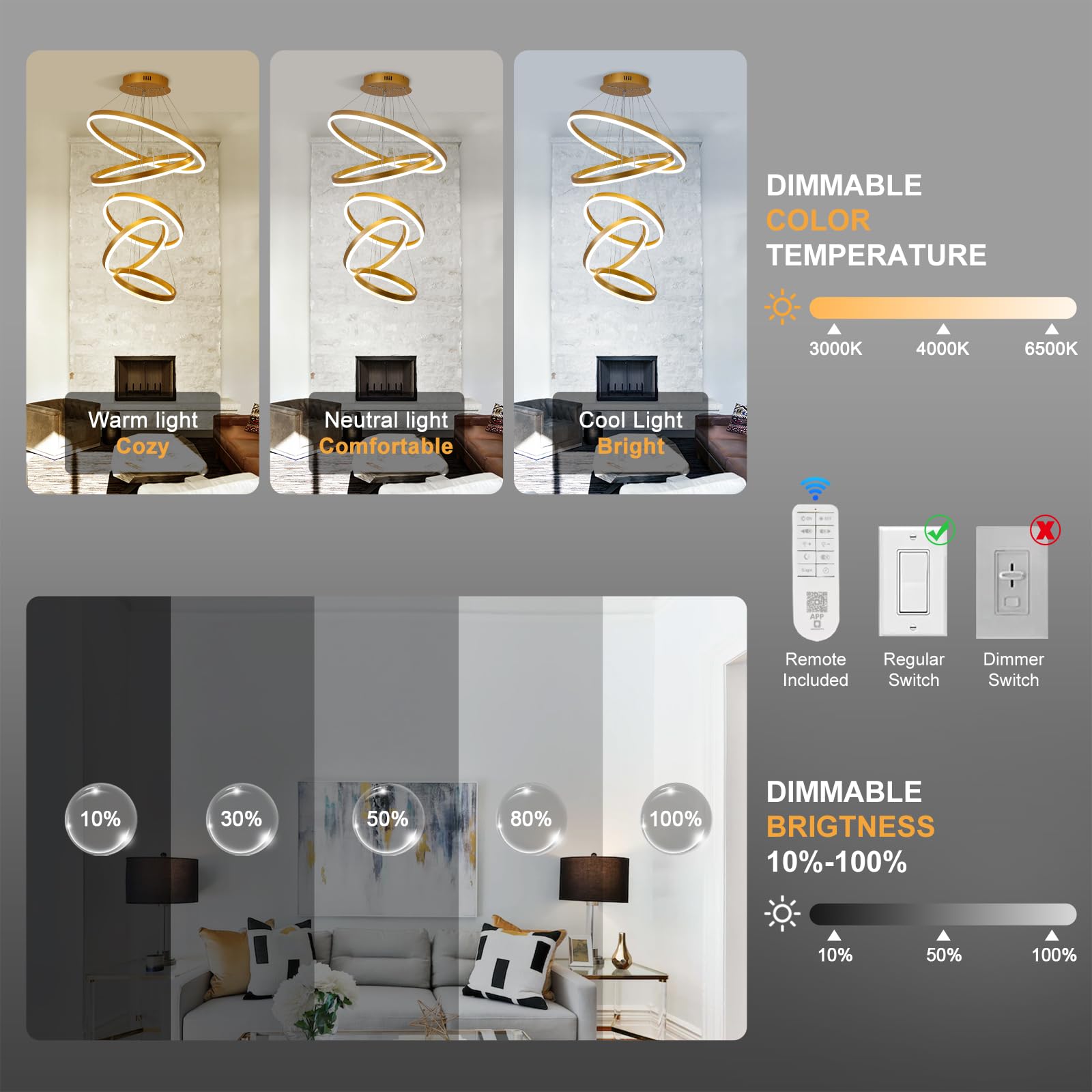 Xgzl  Lighting 5-Rings Modern Led Chandelier Gold Dimmable Chandeliers For Dining Room, High Ceiling Chandelier With Remote Cont