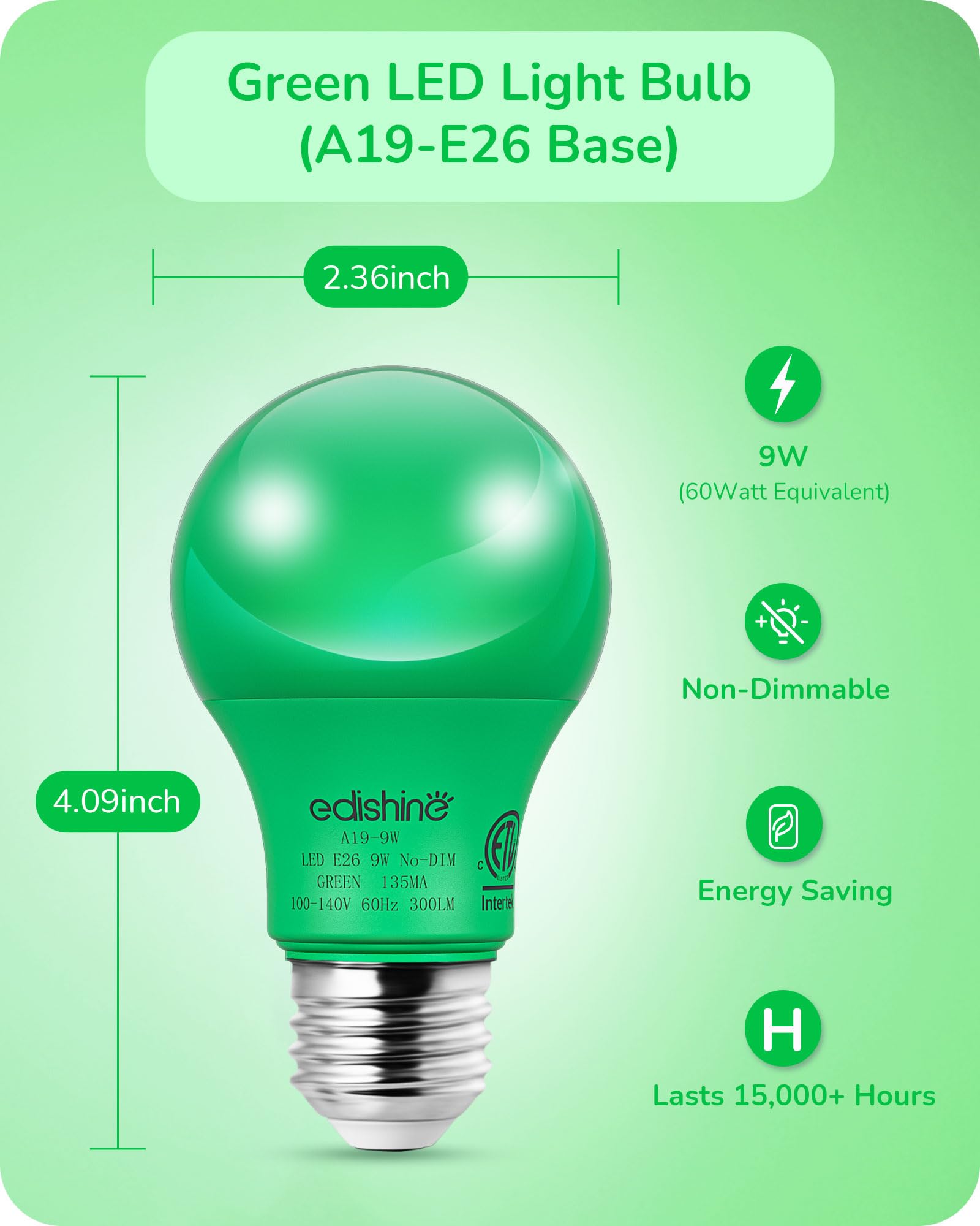EDISHINE A19 LED Light Bulb 60W Equivalent, Green, 9W, E26 Base, ETL Listed, 4 Count