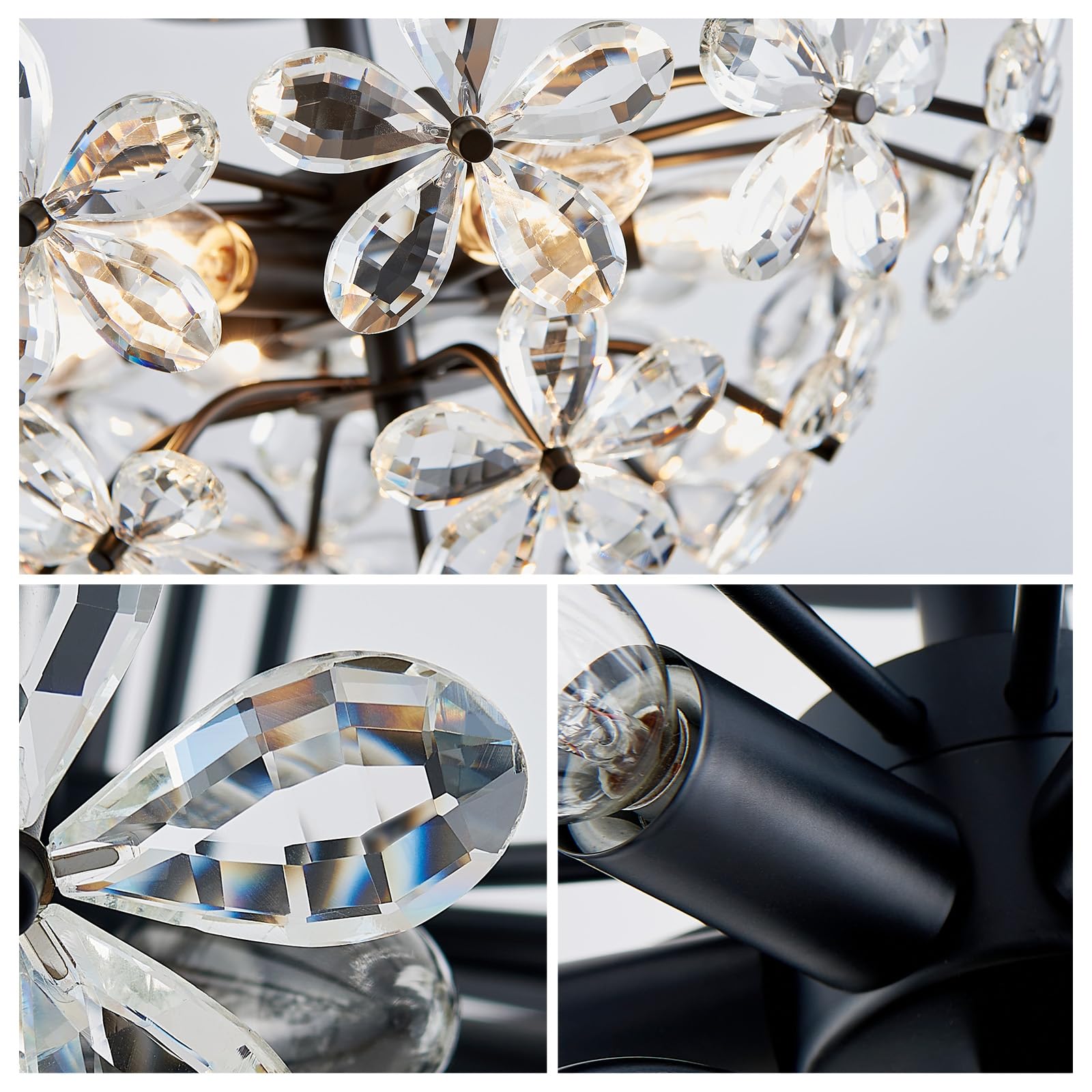 WUZUPS Crystal Chandelier Flushmount Ceiling Light, 8.9in H x 17.7in W, Black, Metal, 6 Lights, Model USHD90013C-B