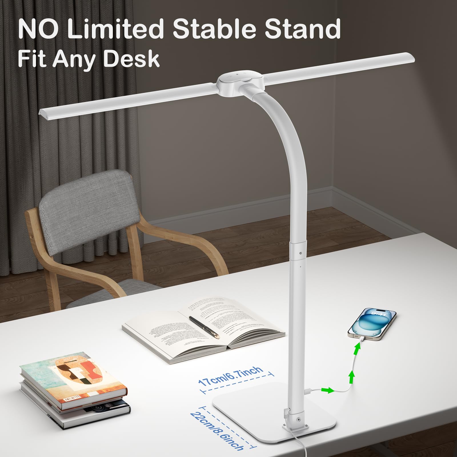 Kary Desk Lamp - 24W LED with USB Charging, Adjustable Gooseneck, 5 Color Modes, White, Model KX02D