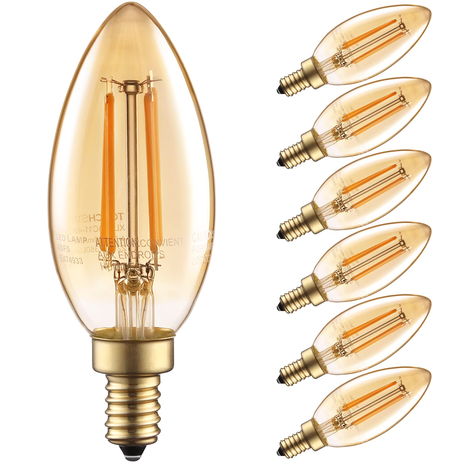 TORCHSTAR Dimmable E12 LED Candelabra Bulb 40W Equivalent 350lm Amber Glass 2200K Warm Pack of 6