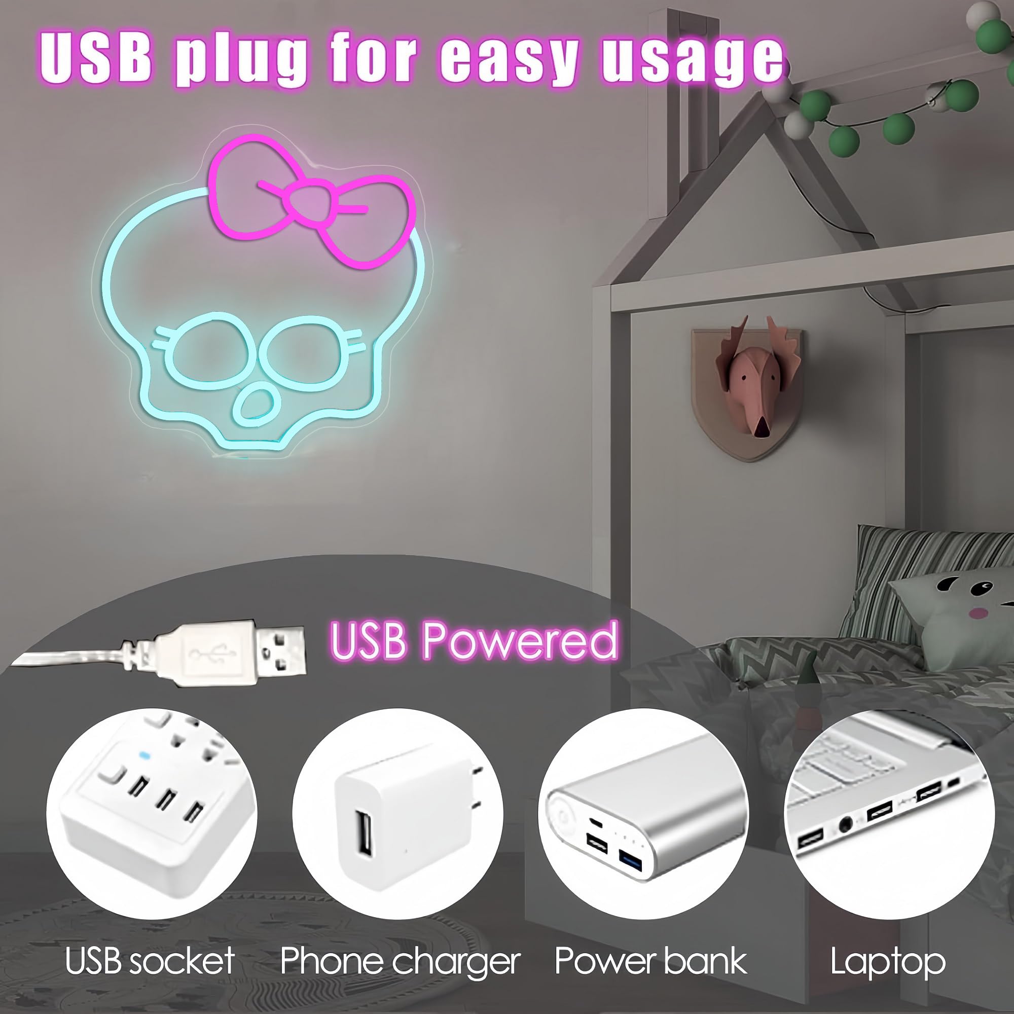 Zhujianqiang Skull Neon Sign, LED Wall Light for Room Decor, Dimmable, 13inx12.6in, Ice Blue & Pink, USB Powered, Perfect for Game Room