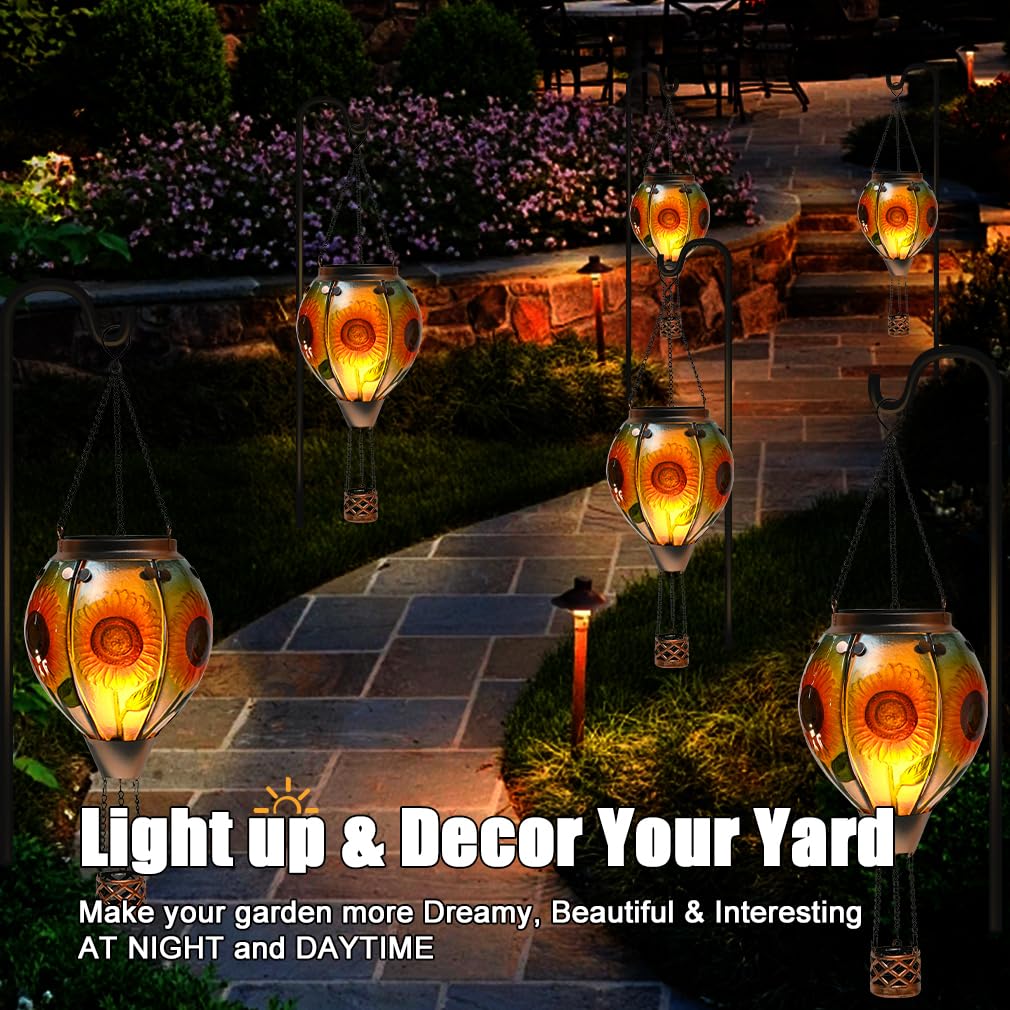 Hot Air Balloon Solar Lantern - Sunflower Glass Lantern  Simulated Flickering & Dancing Flame  Outdoor Hanging Yard Light Waterproof Ip65 For Patio Lawn Porch Decor Gift